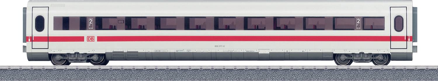 A sleek, modern passenger train car with a white and red design stands on railway tracks.