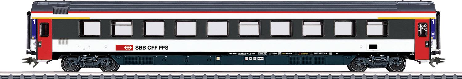 A detailed side view of a Swiss Federal Railways (SBB CFF FFS) passenger train coach, featuring its logo and color scheme on a railway track.