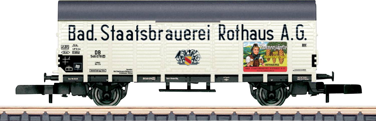 Model train car with 'Bad. Staatsbrauerei Rothaus A.G.' on its side, featuring vintage-style artwork and brewery branding.