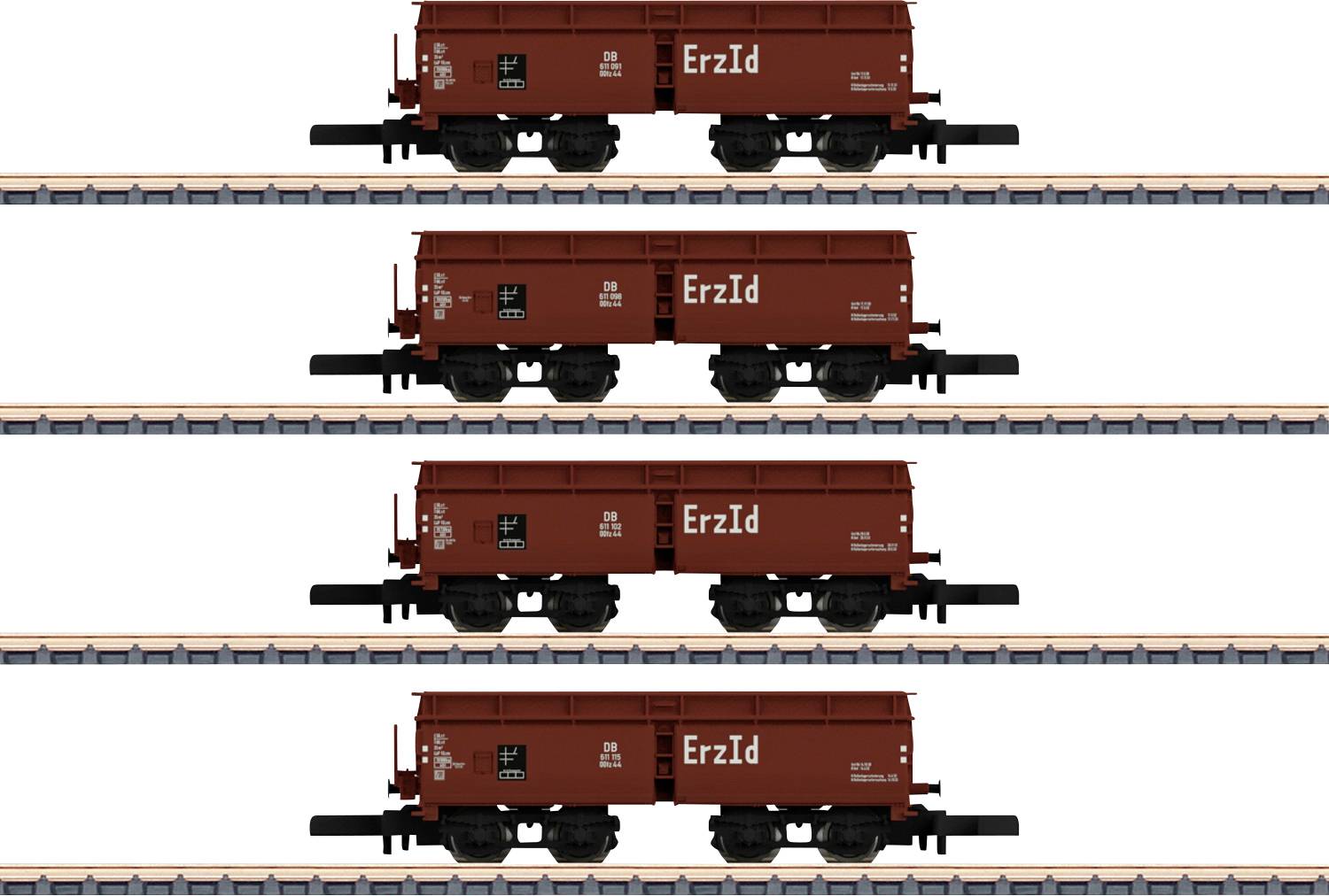 Four identical brown freight train cars marked 'ErzId' on parallel tracks, positioned evenly one above the other, facing the same direction.