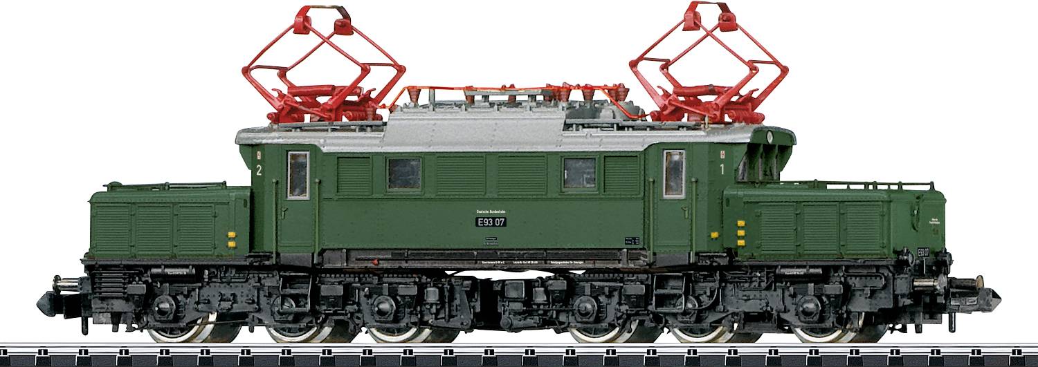 A detailed model of a green electric locomotive with red pantographs on a display track, showcasing intricate technical features.