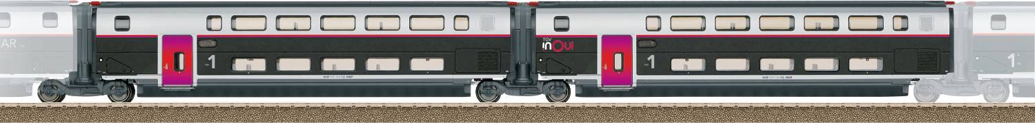 A side view of a streamlined high-speed train on tracks, featuring two silver and black passenger cars with purple accents.