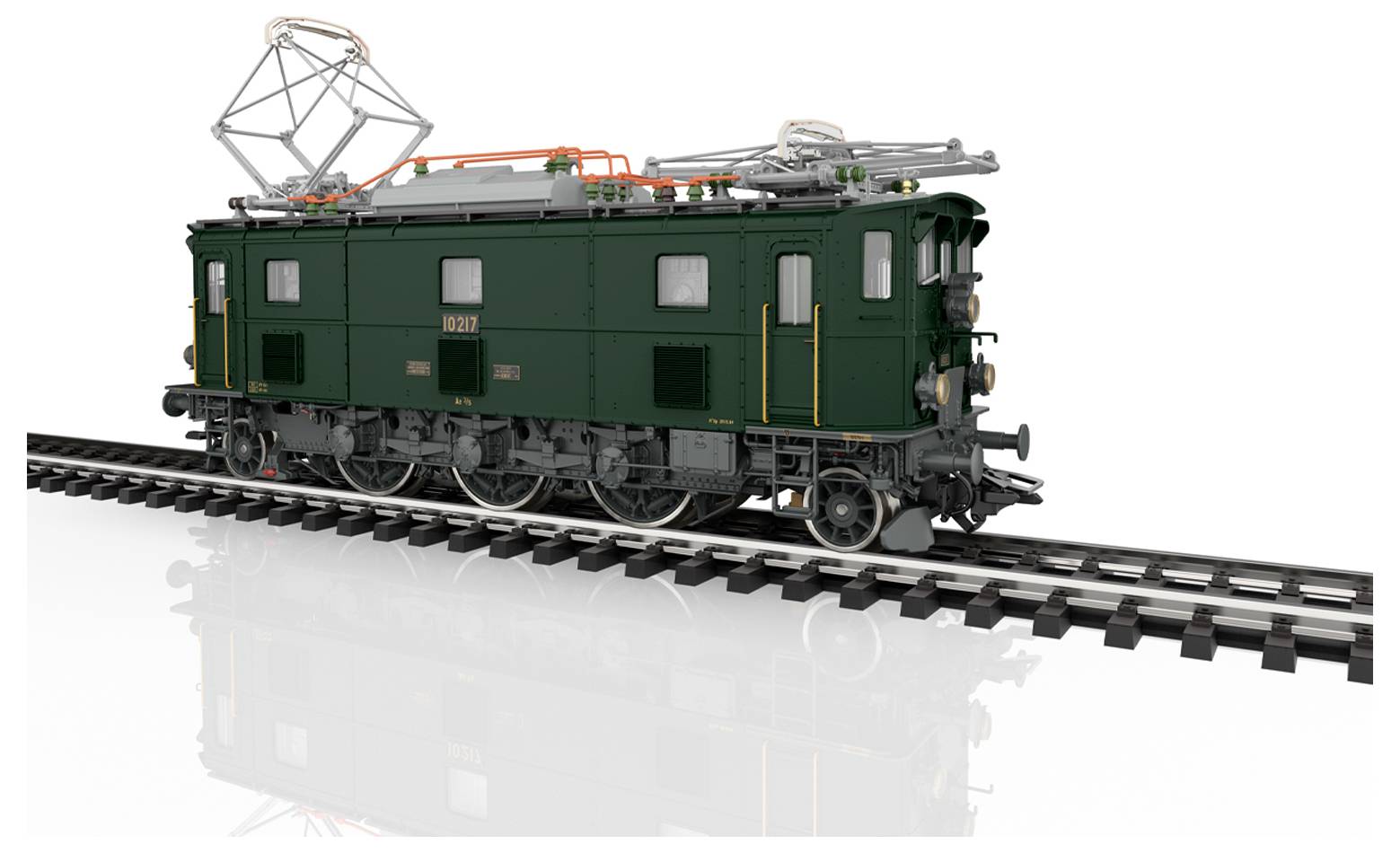 Model of a green vintage electric locomotive on railway track, featuring intricate details and a classic design with pantograph on top.
