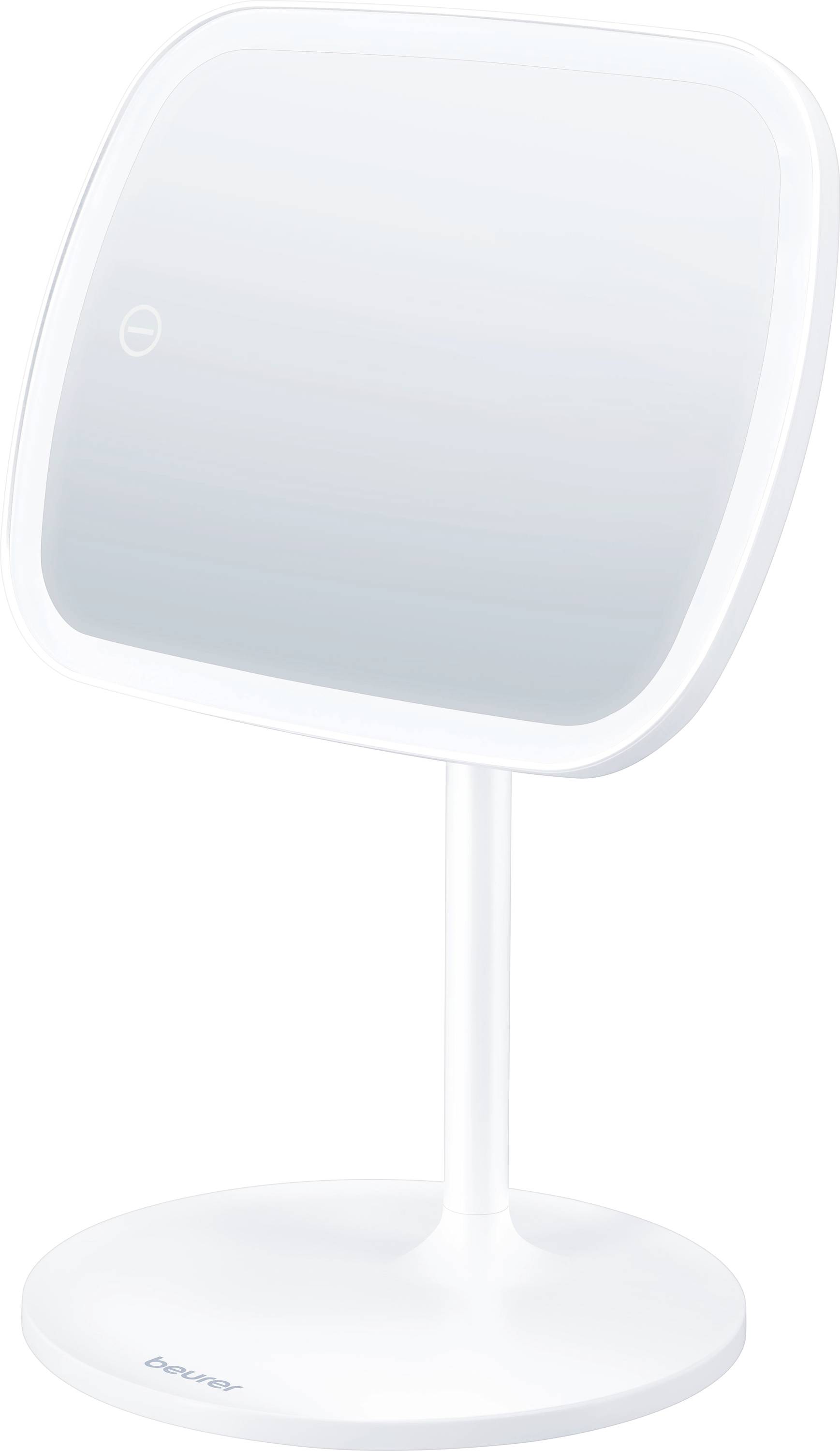 Square-shaped tabletop mirror with a white stand, angled slightly upwards, designed for personal grooming or makeup application.