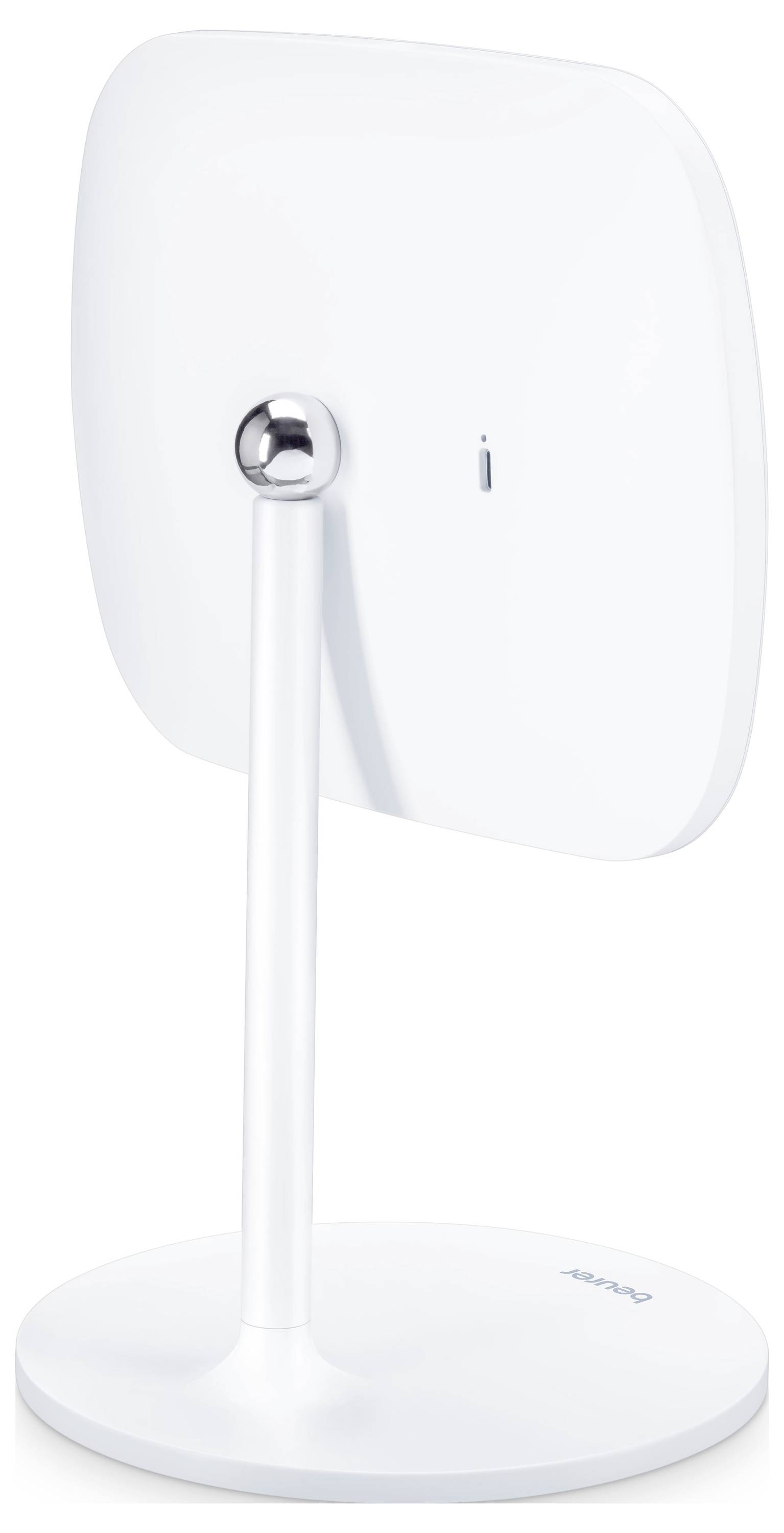 A sleek, modern white smart mirror with a round base and a vertical stand, viewed from the side.