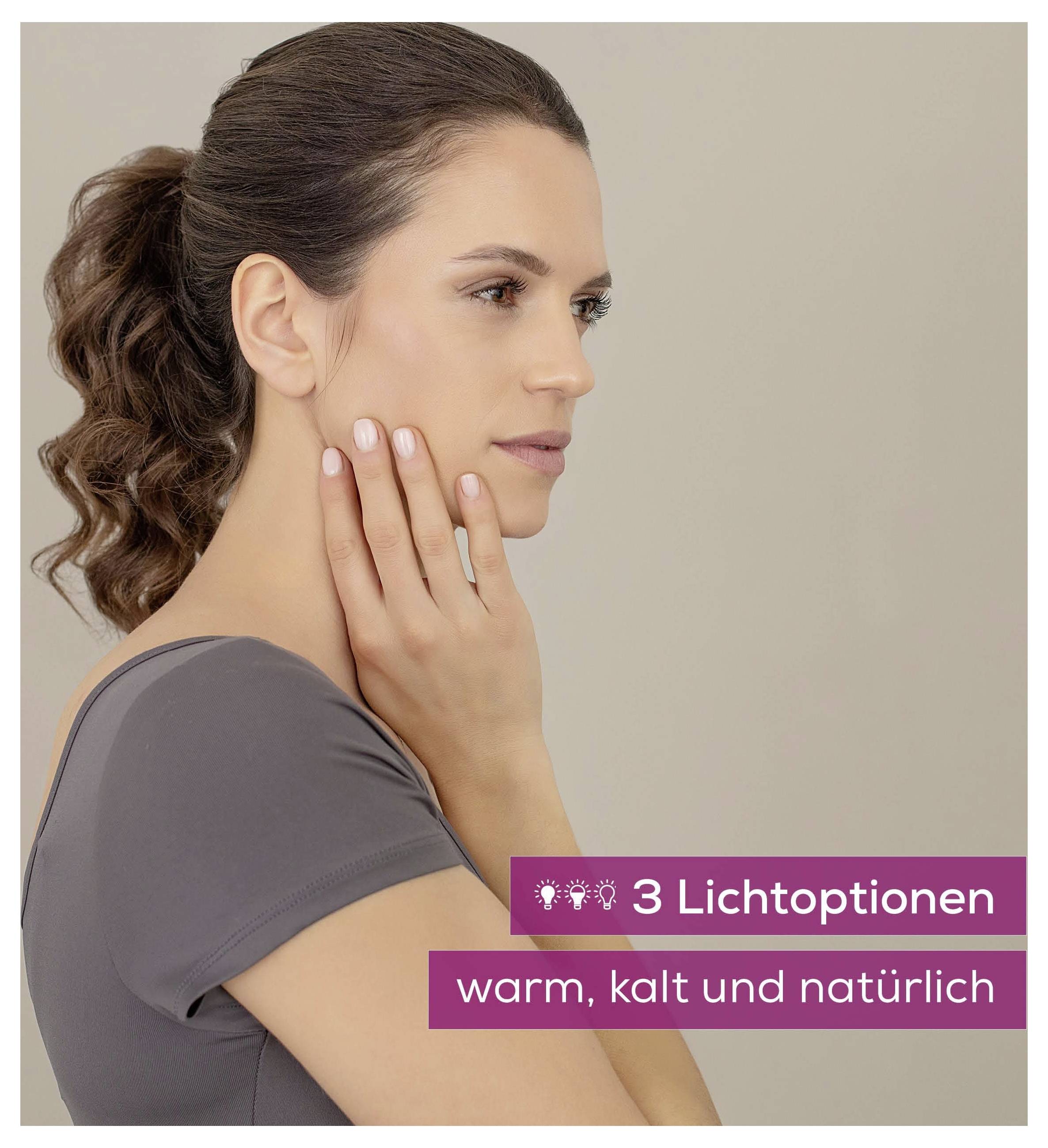 A person with a thoughtful expression rests their hand on their cheek. Text says '3 Lichtoptionen: warm, kalt und natürlich.'