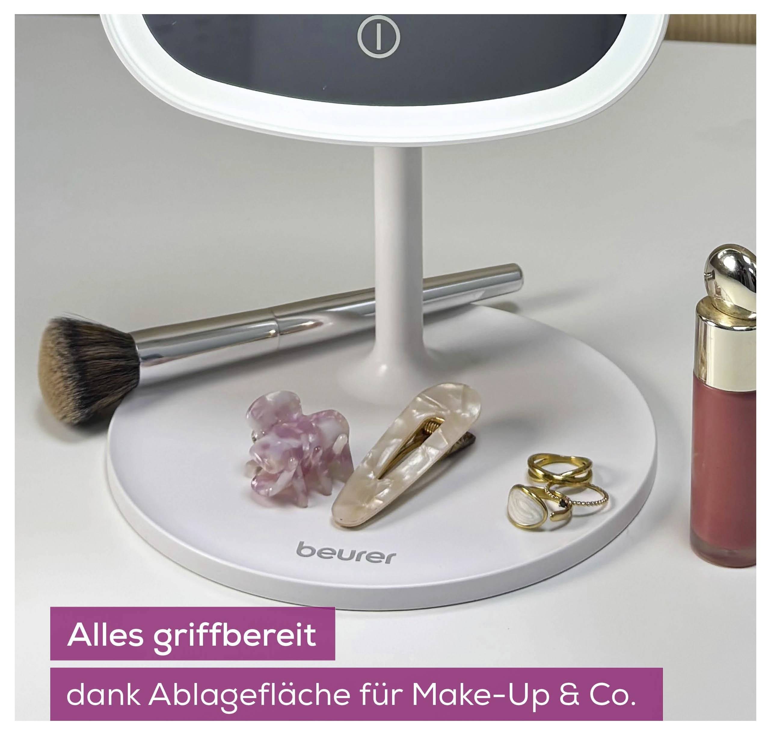 A small vanity mirror with a round base holds a brush, lipstick, and accessories. Text reads 'Everything at hand thanks to the shelf for makeup & co.'