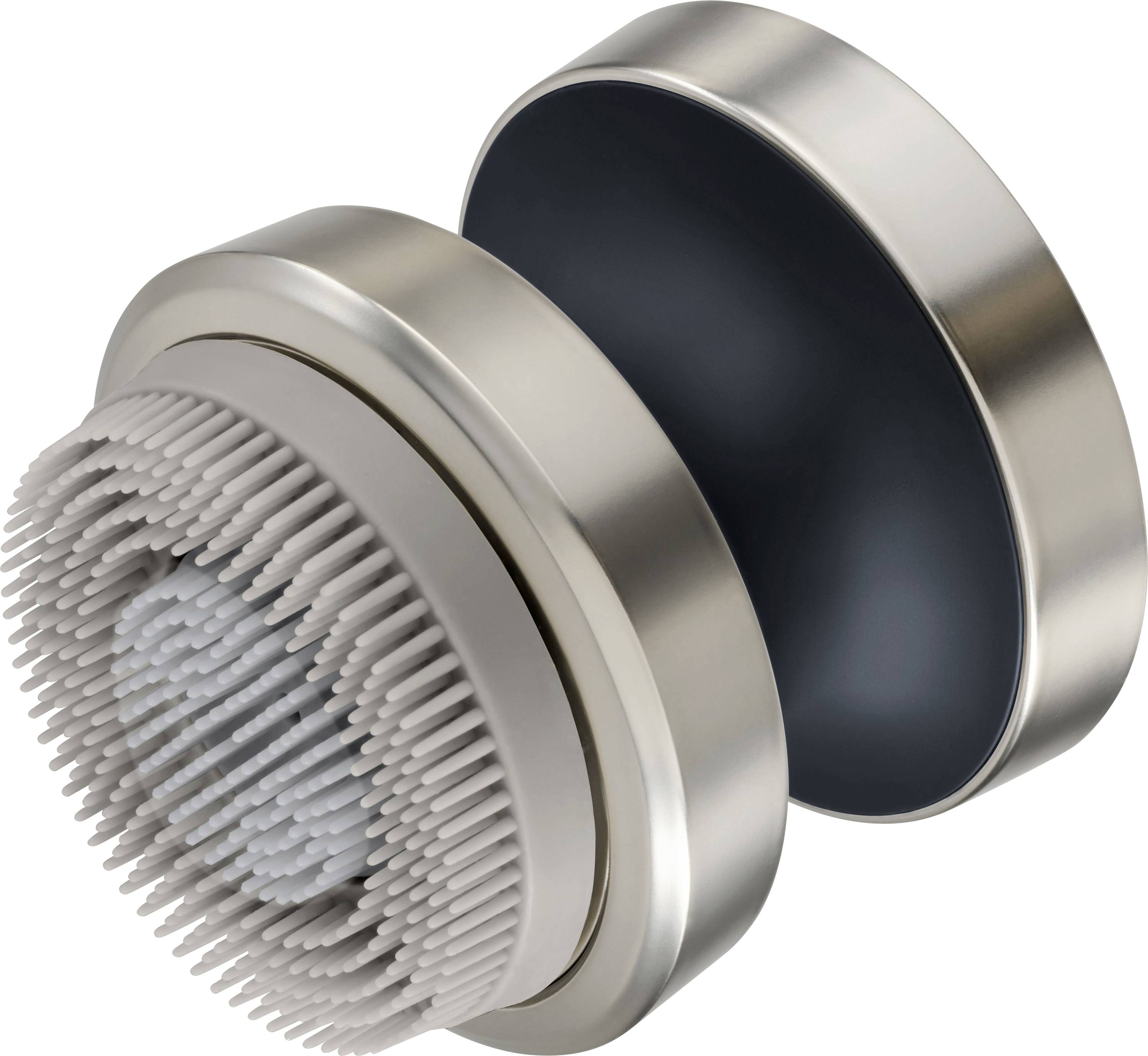 A metallic showerhead with numerous gray bristles is shown, emphasizing its unique design for enhanced water flow and coverage.