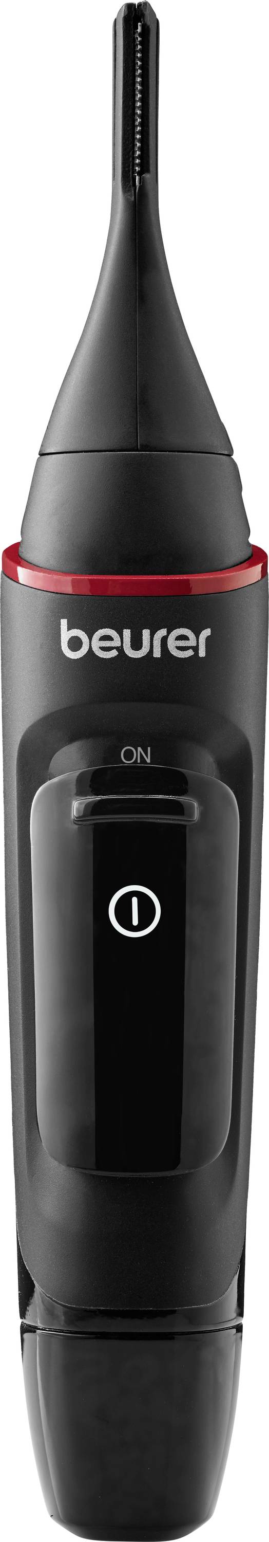 Black cylindrical electric nose and ear hair trimmer with a small blade tip, 'Beurer' logo, and power button on the front.