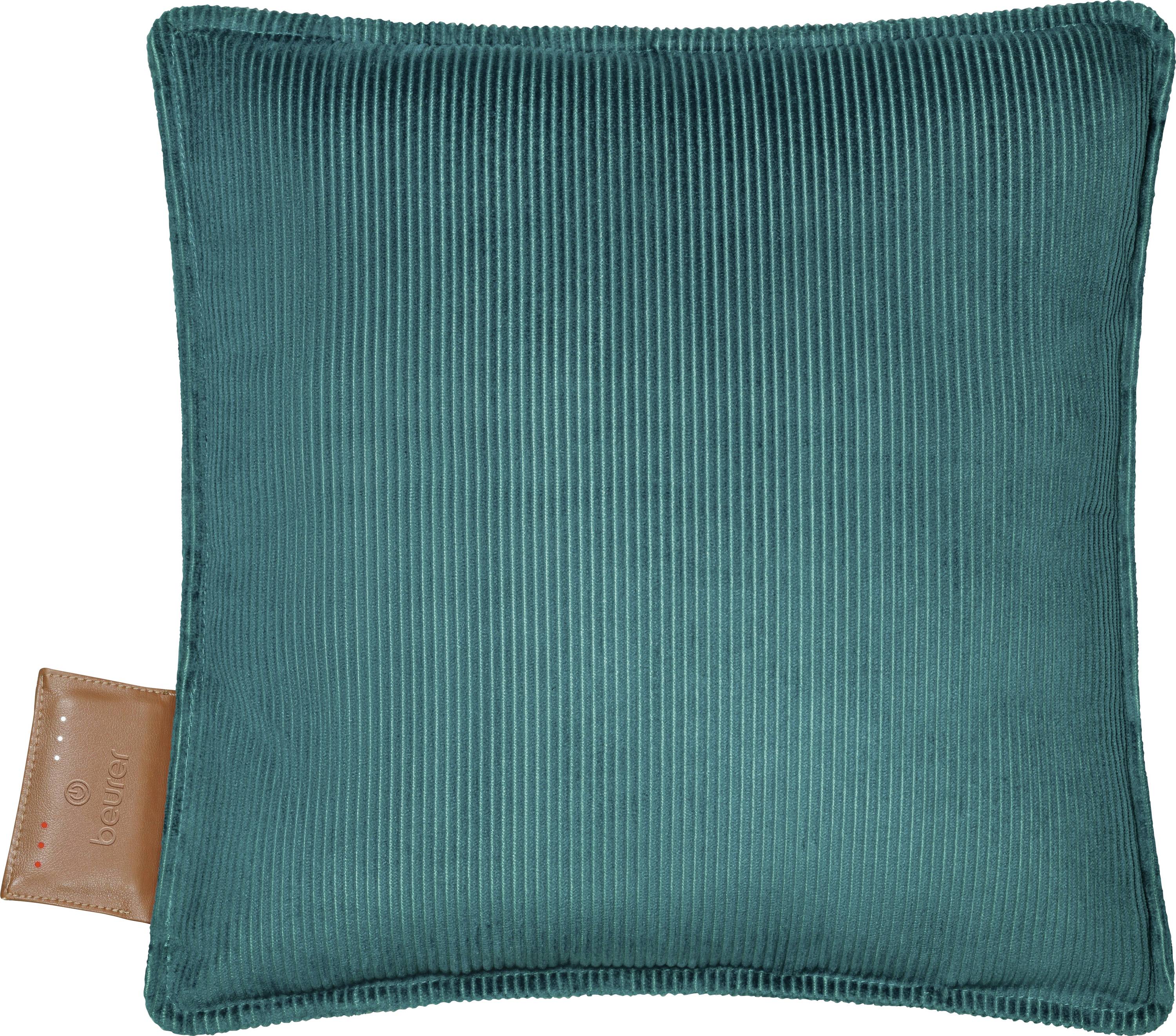 A turquoise square cushion with a corduroy texture, featuring a small brown tag on the side.