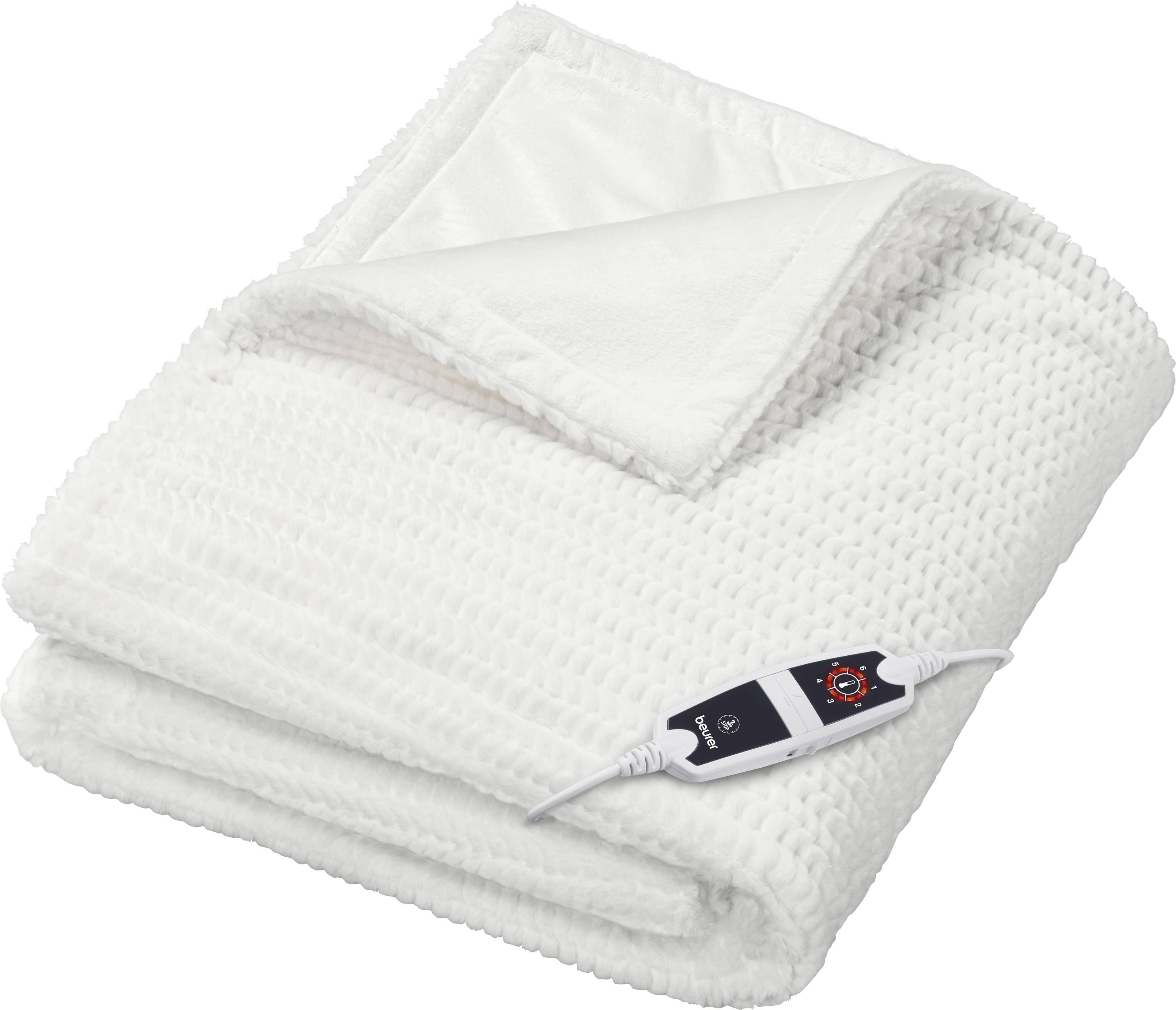 A folded white electric blanket with a visible control unit displaying power and temperature settings.