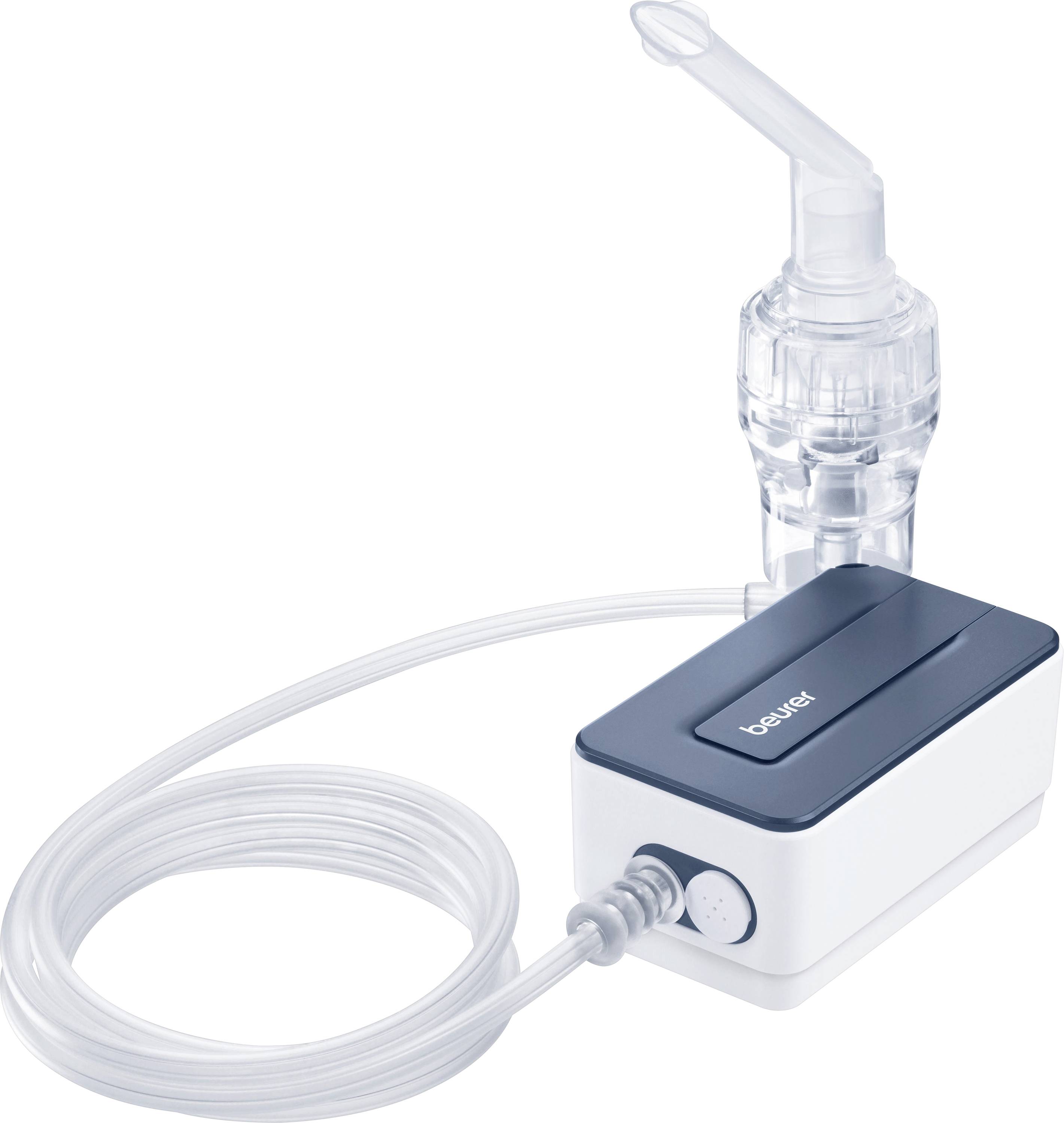 A compact white and gray nebulizer with a transparent mouthpiece and tubing, used for administering medication in mist form for respiratory therapy.