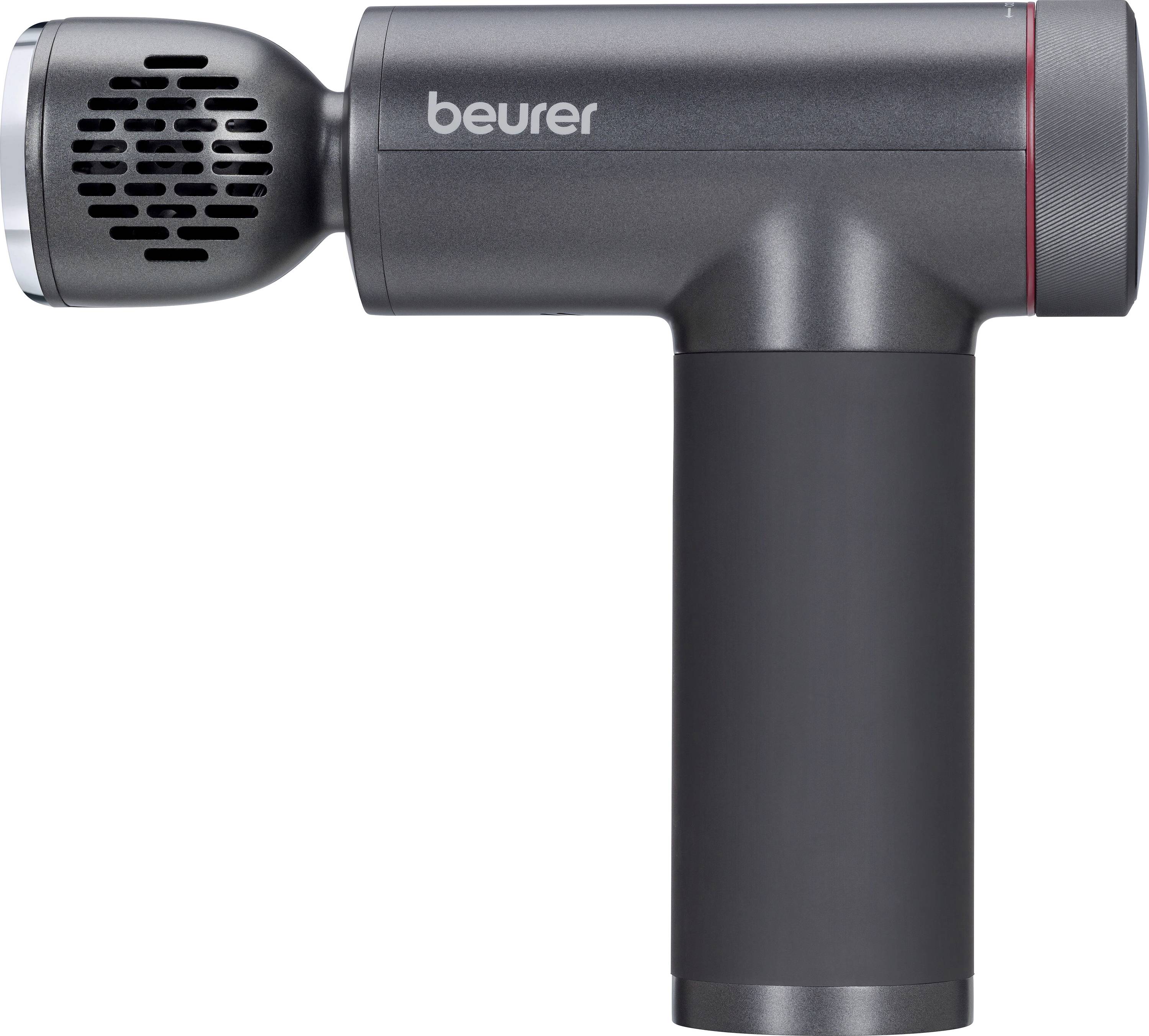 Handheld massage gun with 'beurer' branding, featuring a cylindrical grip and vented head, designed for muscle relaxation and therapy.