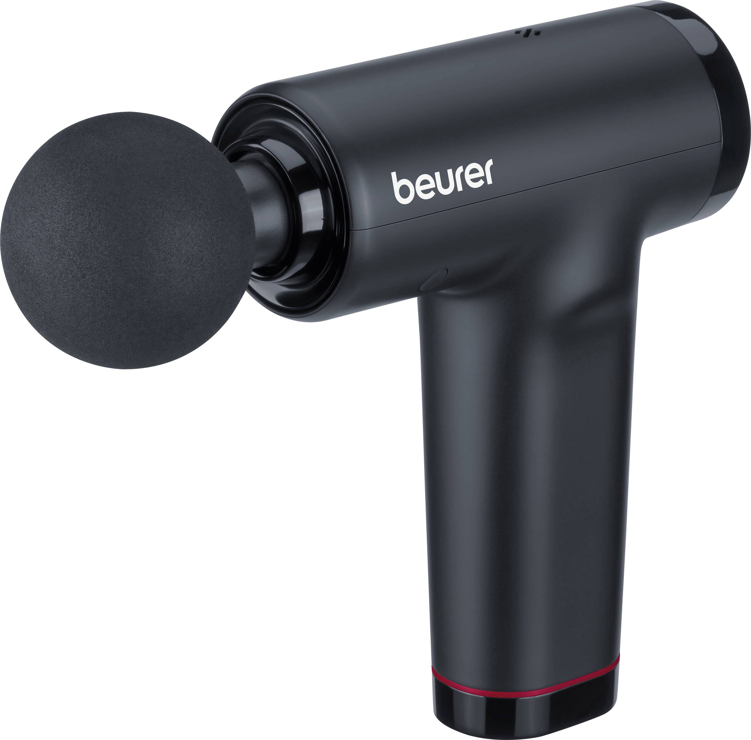 'Beurer' branded black handheld massage gun with spherical attachment, designed for muscle relaxation and therapeutic use.