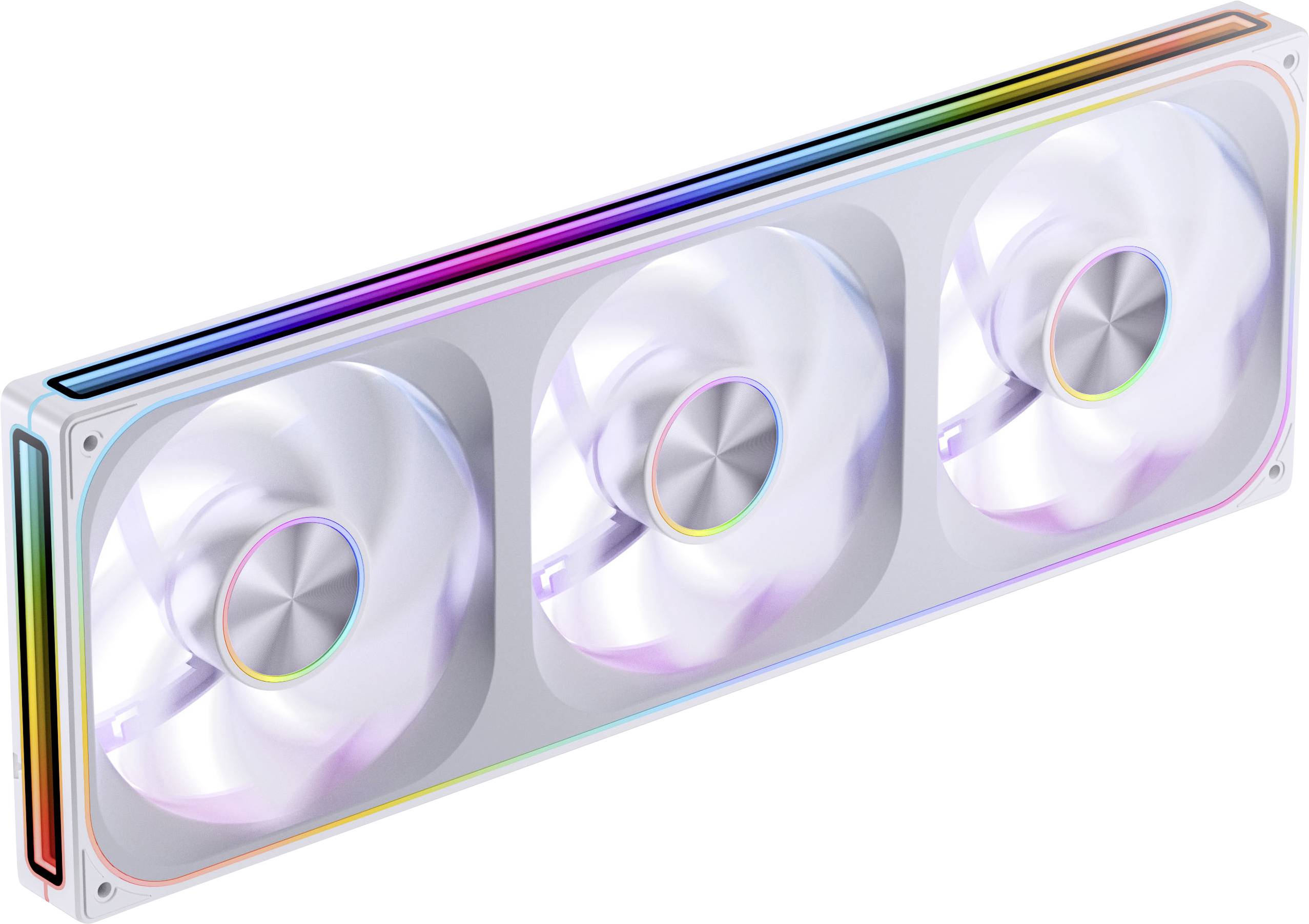 A rectangular cooling device with three spinning fans and colorful LED lighting outlining the frame, used for computer hardware cooling.