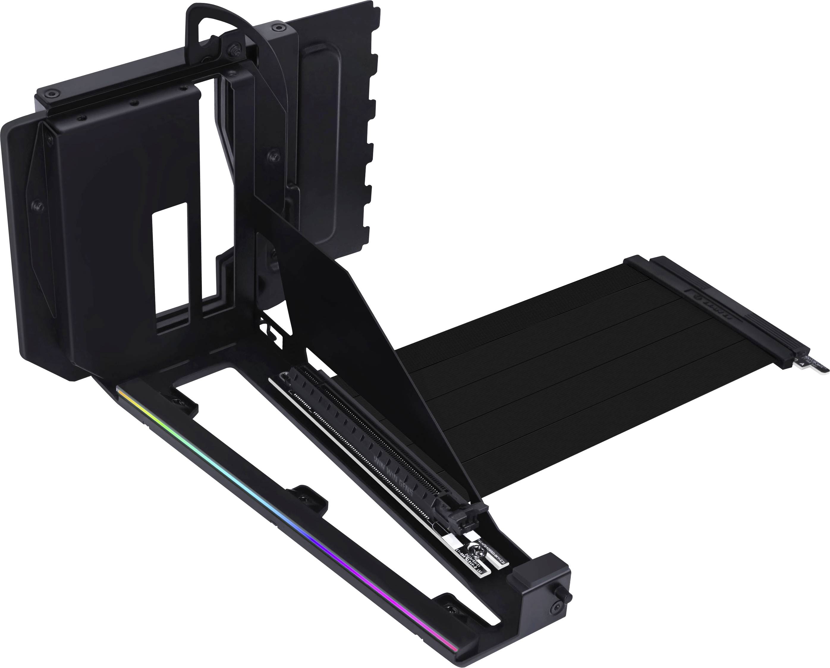 Black computer hardware casing with RGB lighting strip, featuring a folding panel and vertical card slot, designed for interior mounting.