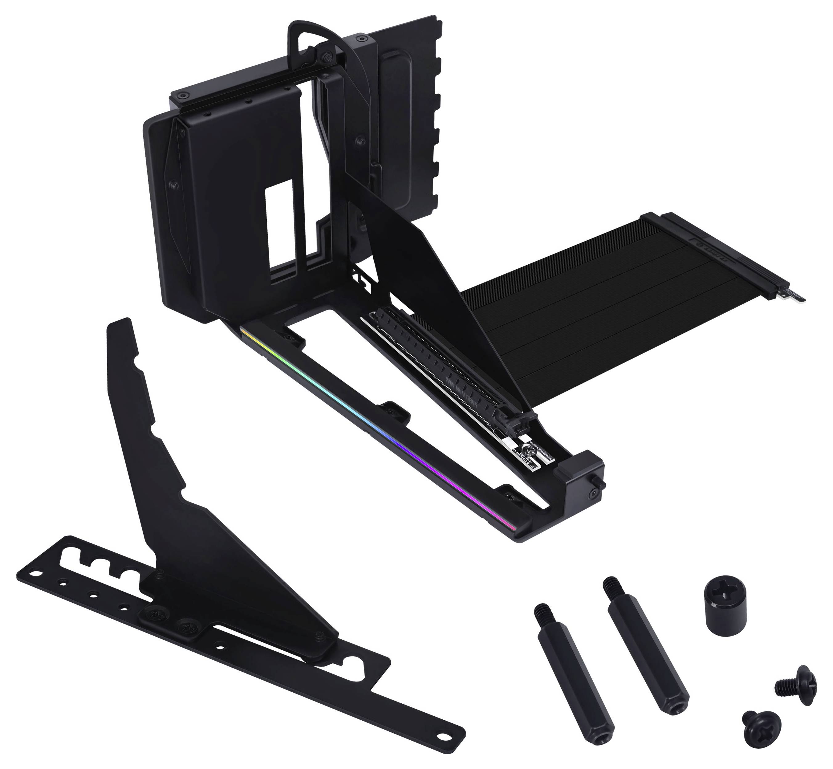PC graphics card vertical riser mount kit with components including bracket, riser cable, and accessories for customized installations.