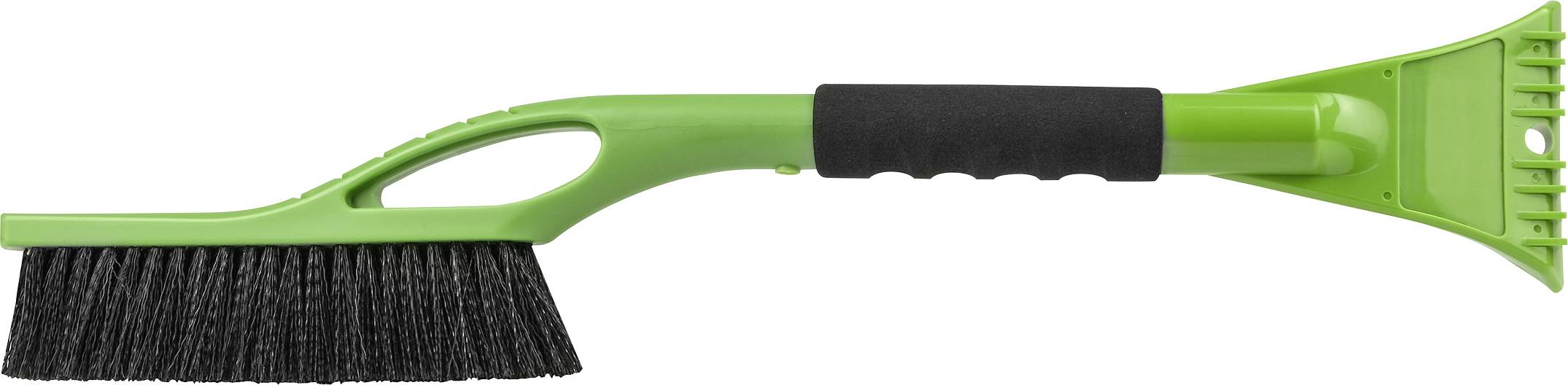 A green snow brush with black bristles and a black rubber grip handle, featuring an ice scraper on the opposite end.