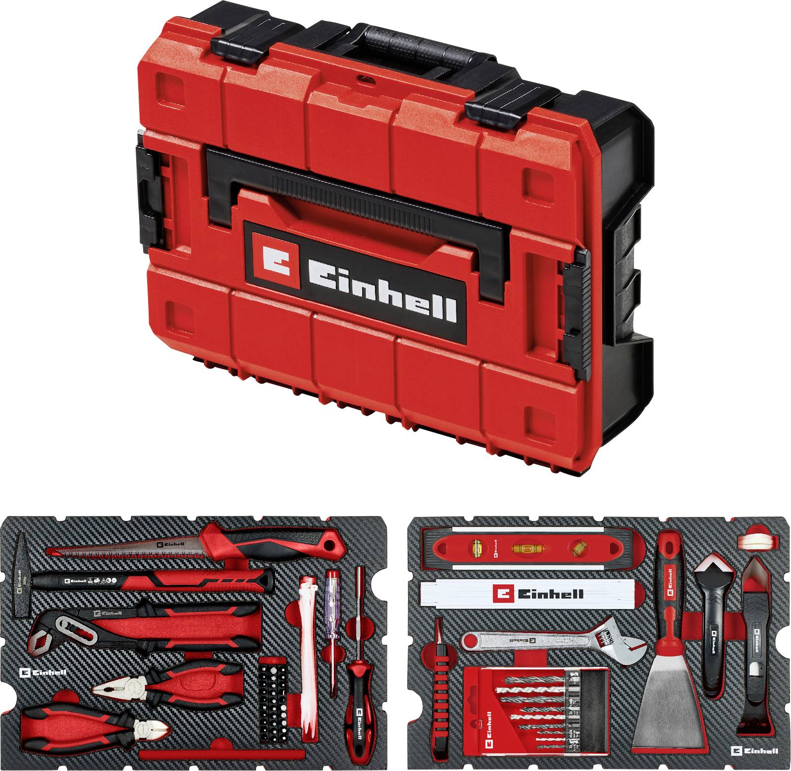 Red and black Einhell tool case with various hand tools including pliers, screwdrivers, a level, and a utility knife neatly organized inside.