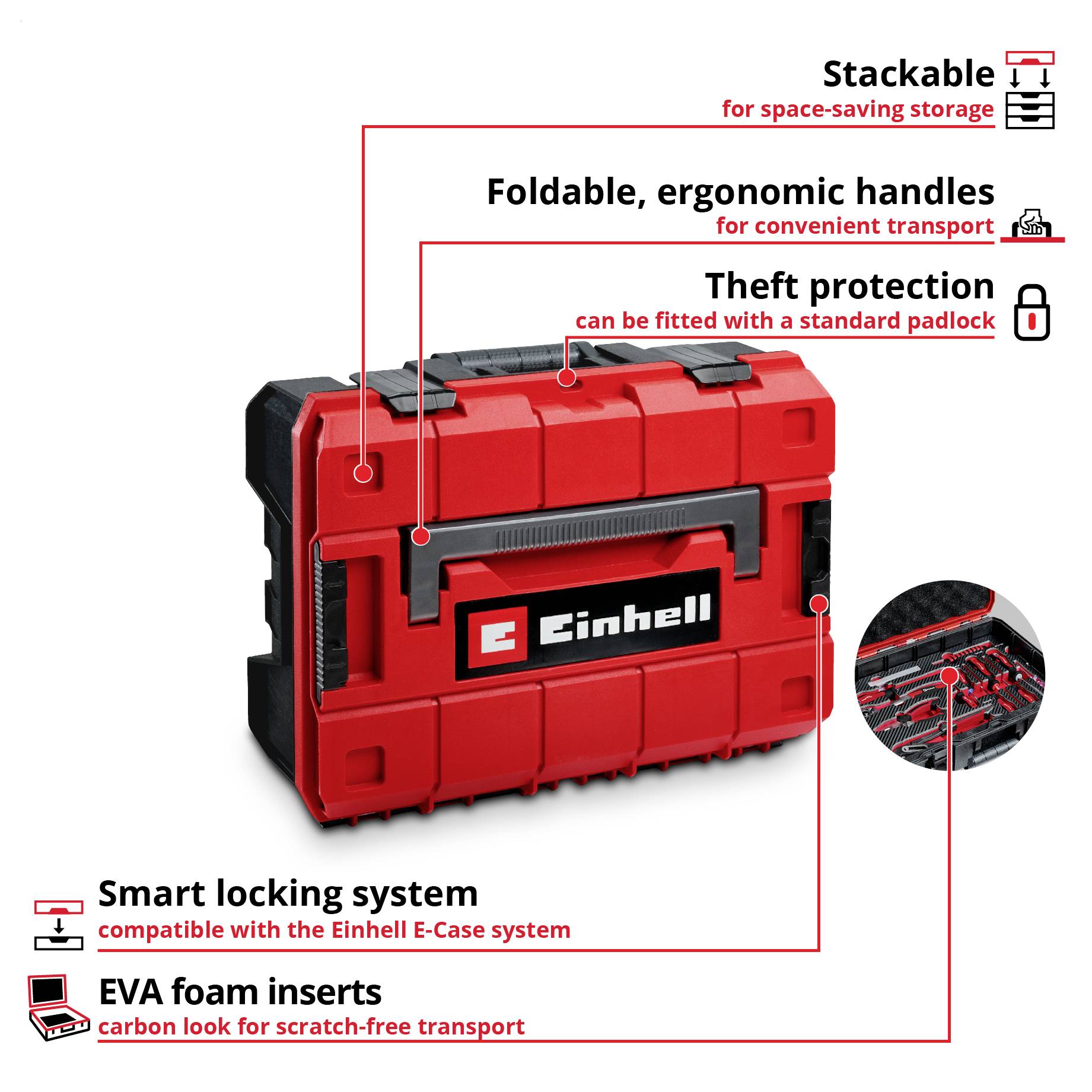 A red Einhell tool box with stackable design, fold-down handles, theft protection and foam inserts.