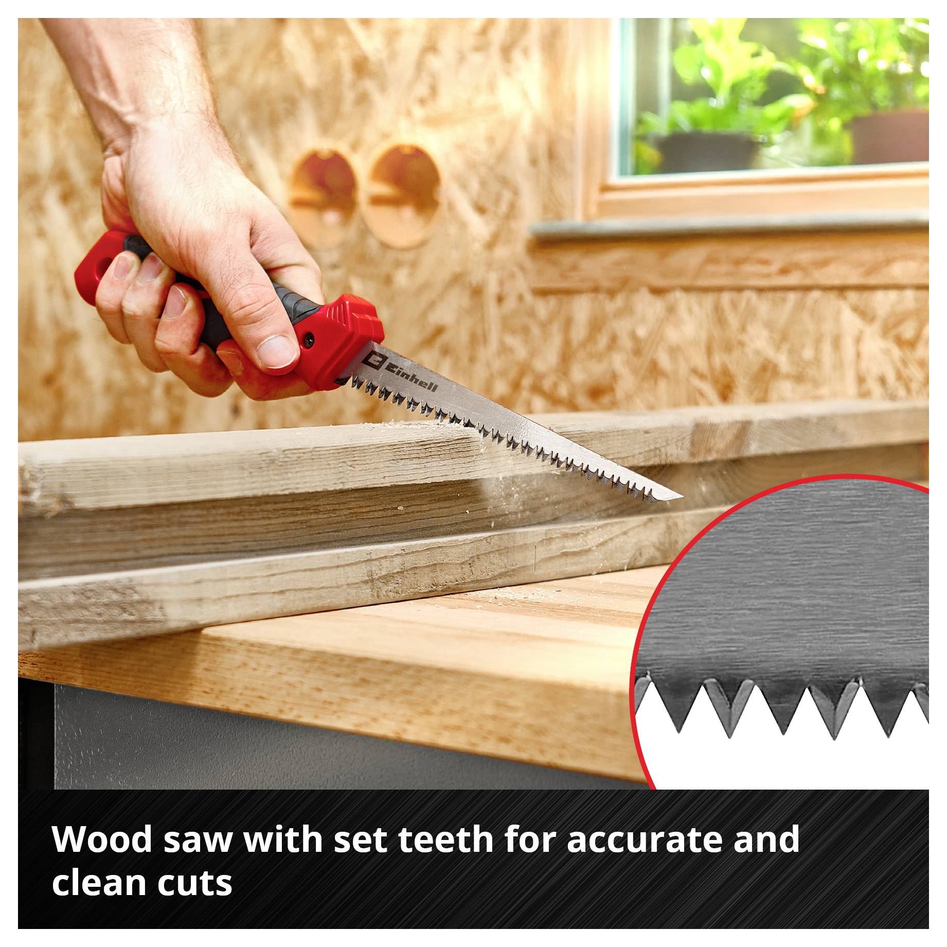 Person cutting wood with red hand saw; focus on toothed blade that enables precise and clean cuts. Woodworking.