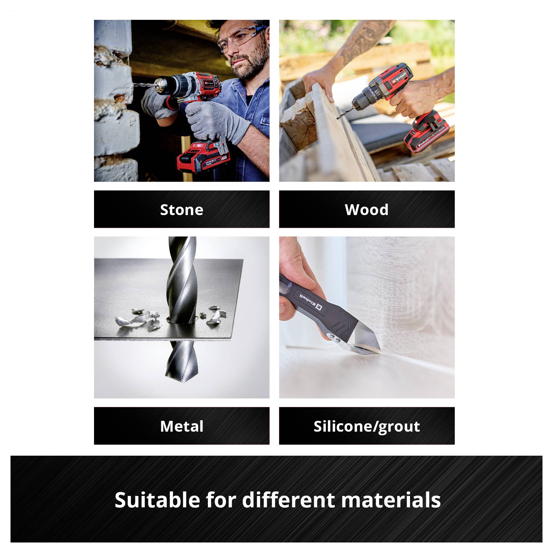 'Suitable for various materials: stone, wood, metal, silicone/sealant.' Four images show the respective tools in use.