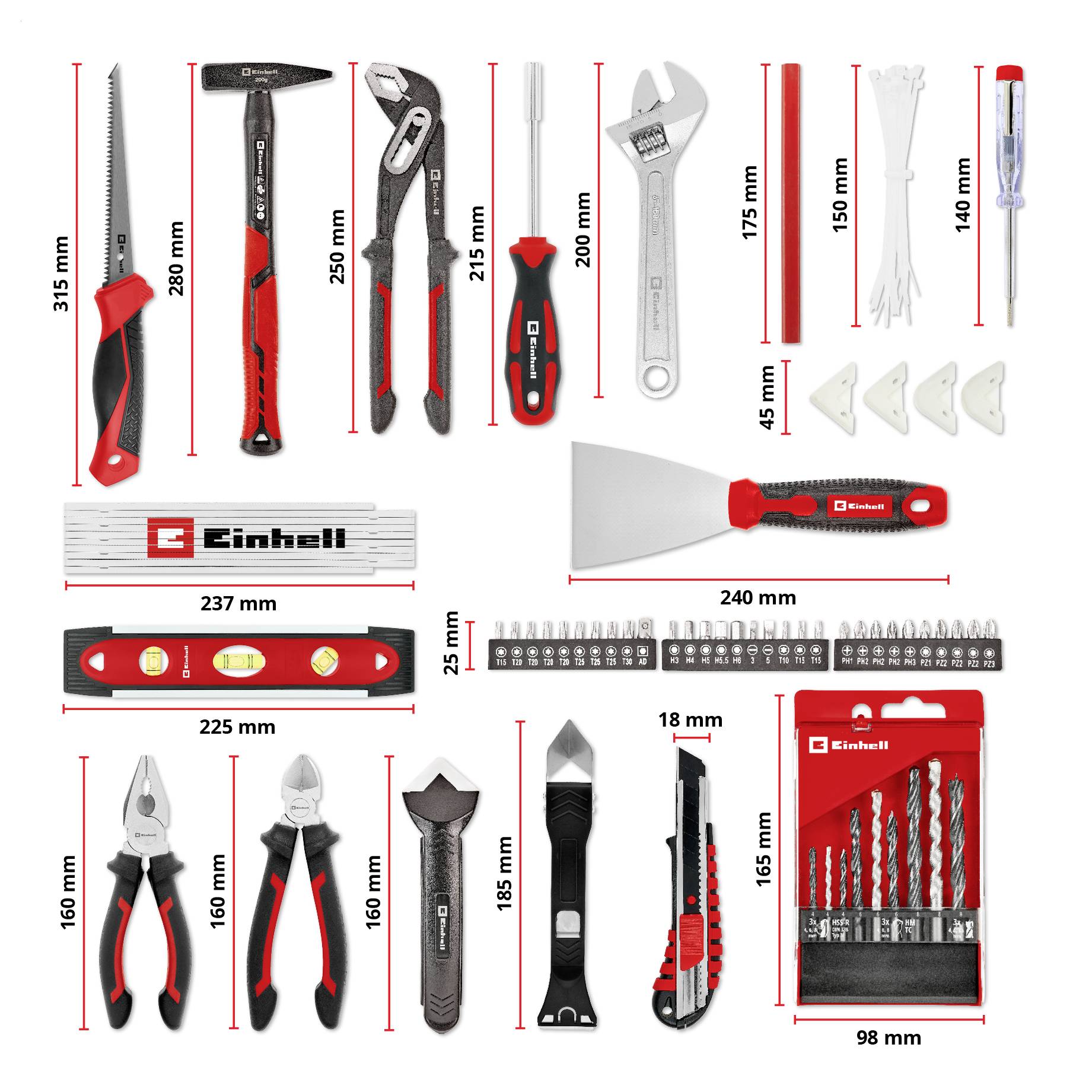 Einhell Werkzeugset mit Säge, Hammer, Schraubenschlüssel, Zange, Maßstab, Wasserwaage, Schraubenzieher, Schraubendreherbits, Bohrer. Maße in Millimetern angegeben.