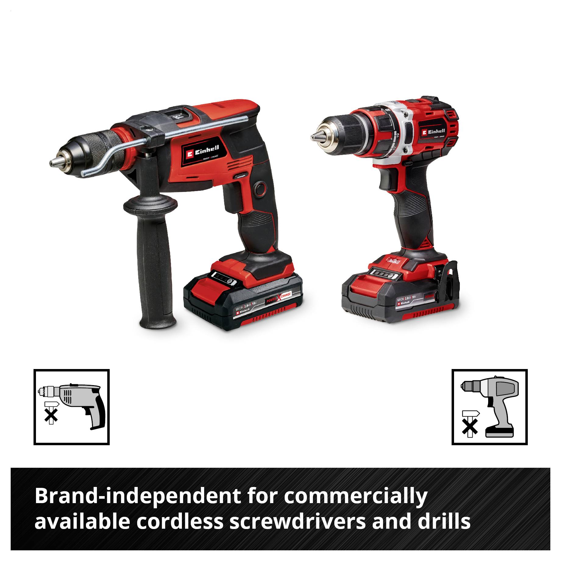 Two cordless drills and drill machines on a white background. Unmarked for commercially available equipment.