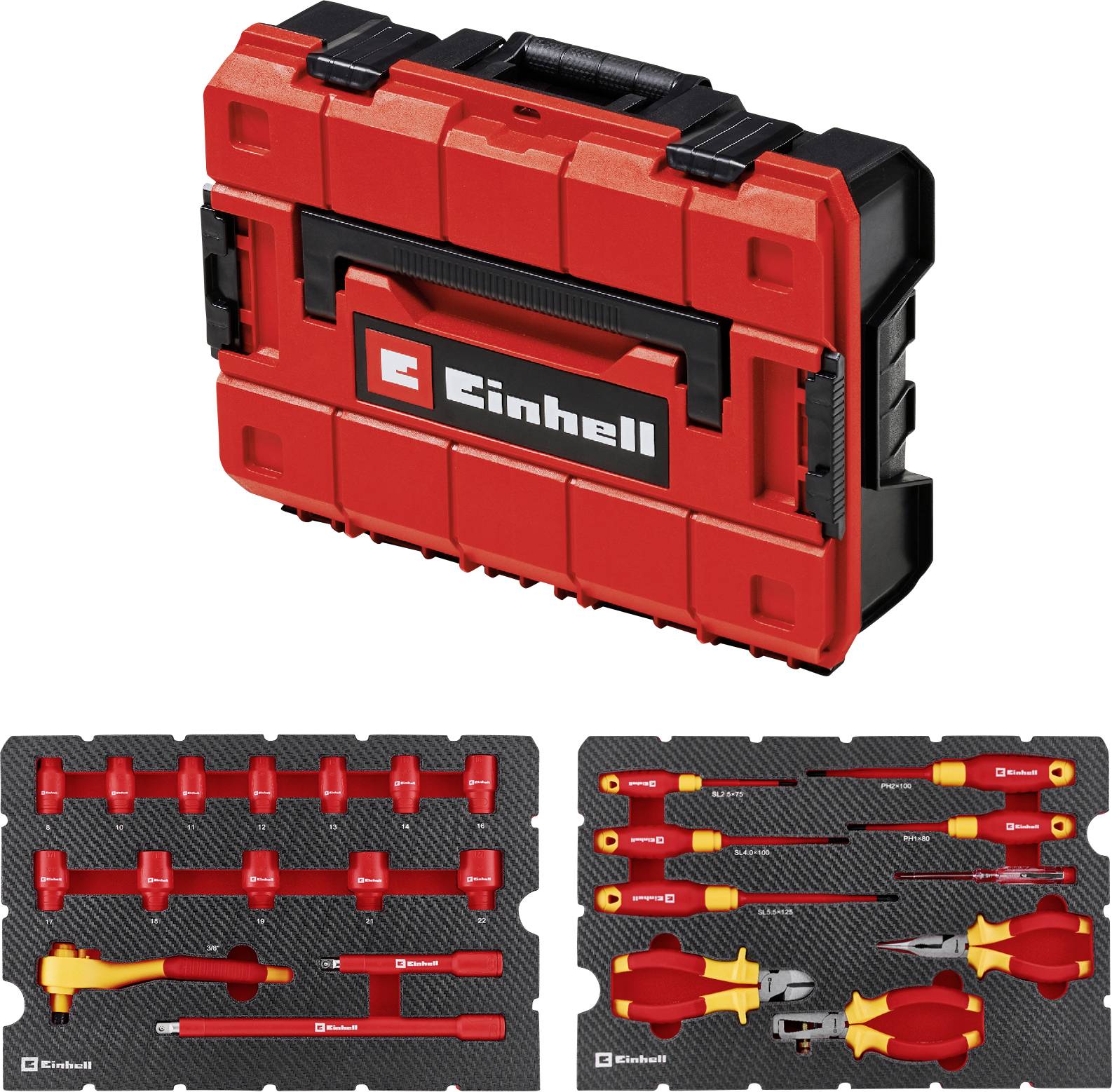 A red and black tool case branded 'Einhell', containing insulated screwdrivers, pliers, and assorted hand tools in a foam organizer.