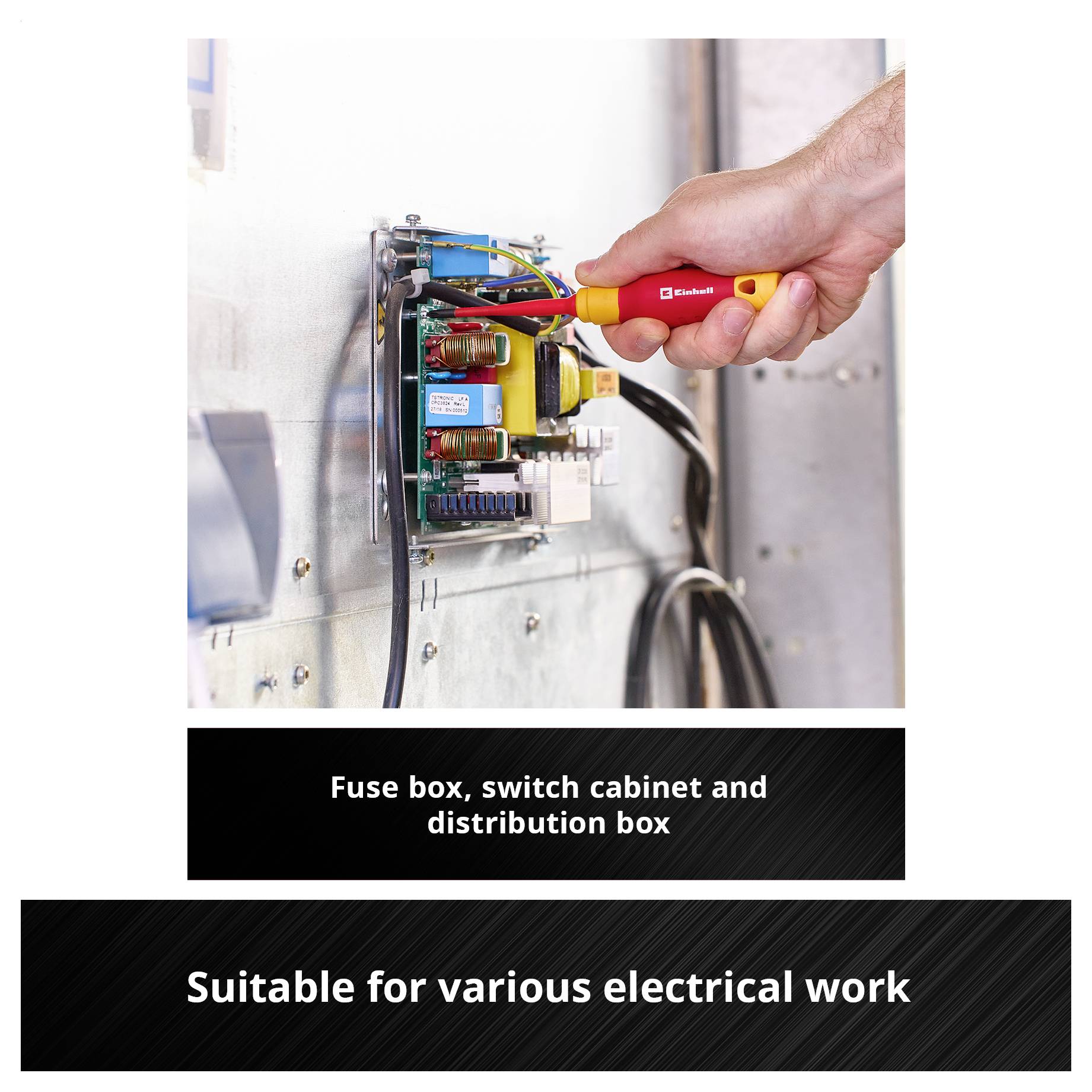 Eine Hand benutzt einen Schraubendreher, um an elektrischen Anschlüssen zu arbeiten. Text: 'Geeignet für unterschiedliche Elektroarbeiten'.