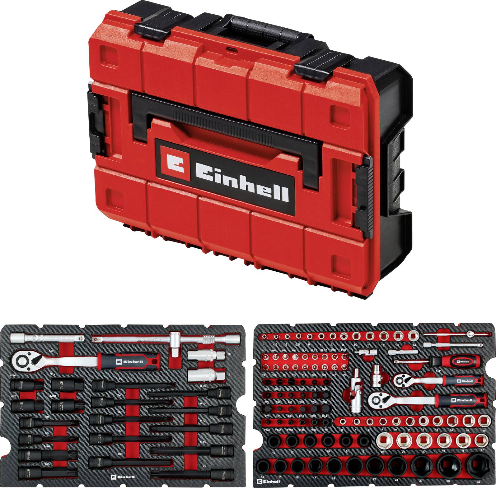 Einhell tool case set, red and black, includes sockets, ratchets, extensions, and bits neatly organized in two trays, with a logo on the case.