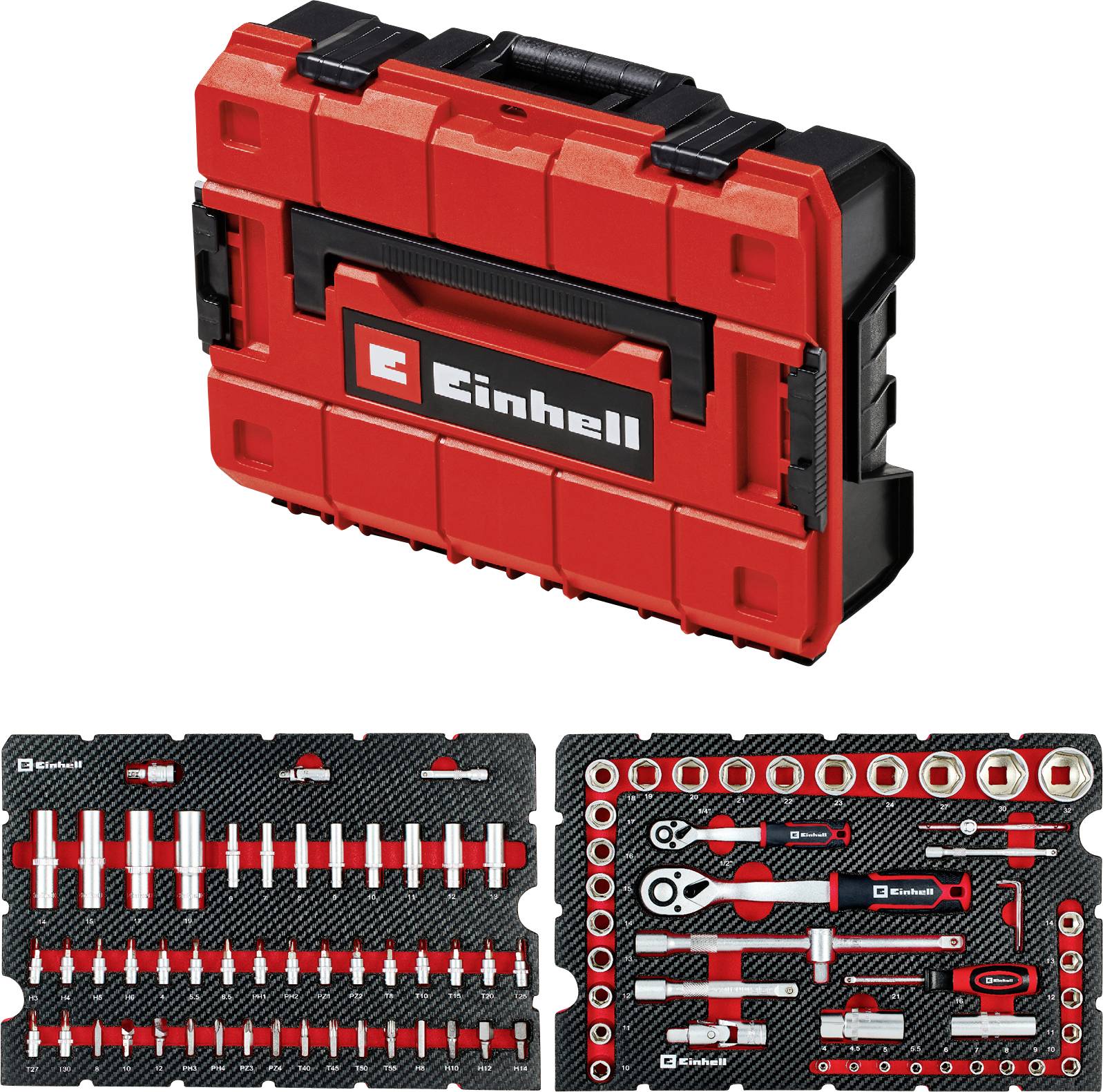 Red and black tool case labeled 'Einhell' with various slots for sockets, wrenches, and a screwdriver set. Tools inside have red accents.