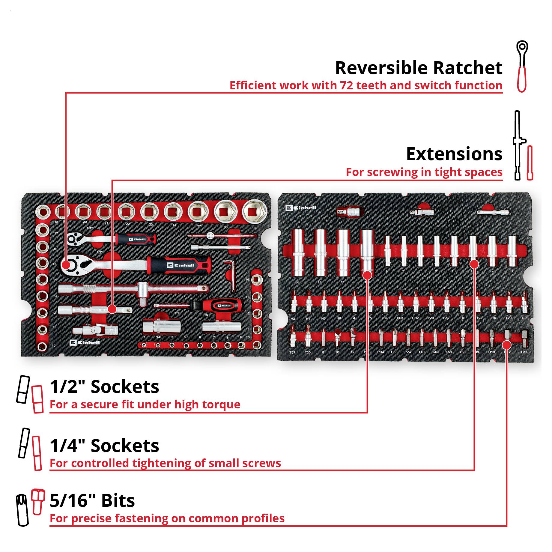 'Werkzeugkasten mit Umschaltknarre und Verlängerungen, 1/2