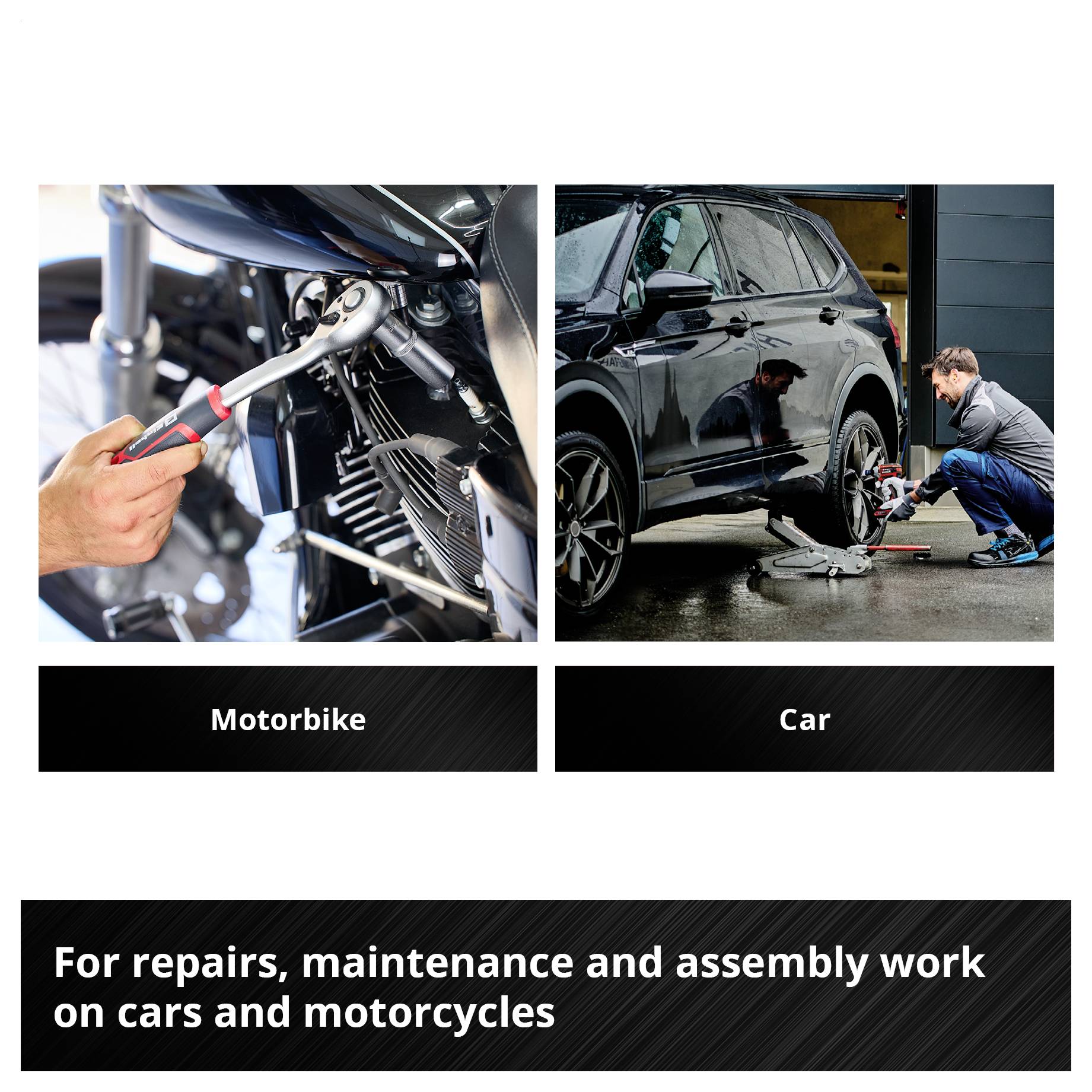 Links: Reparatur an einem Motorrad. Rechts: Auto wird mit einem Wagenheber angehoben. Text: 'Für Reparaturen, Wartungen und Montagen am Auto und Motorrad'.