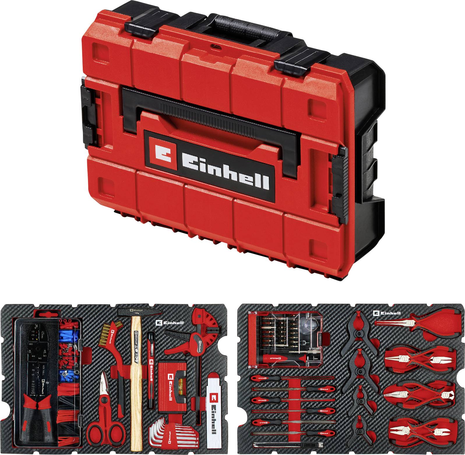 A red and black tool case labeled 'Einhell' containing various tools such as pliers, a hammer, and screwdrivers.