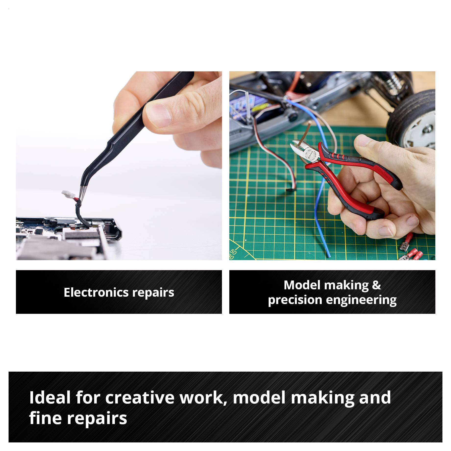 Two images: Left image shows hand with soldering iron during electronics repair. Right image shows hand with pliers during model-making work.
