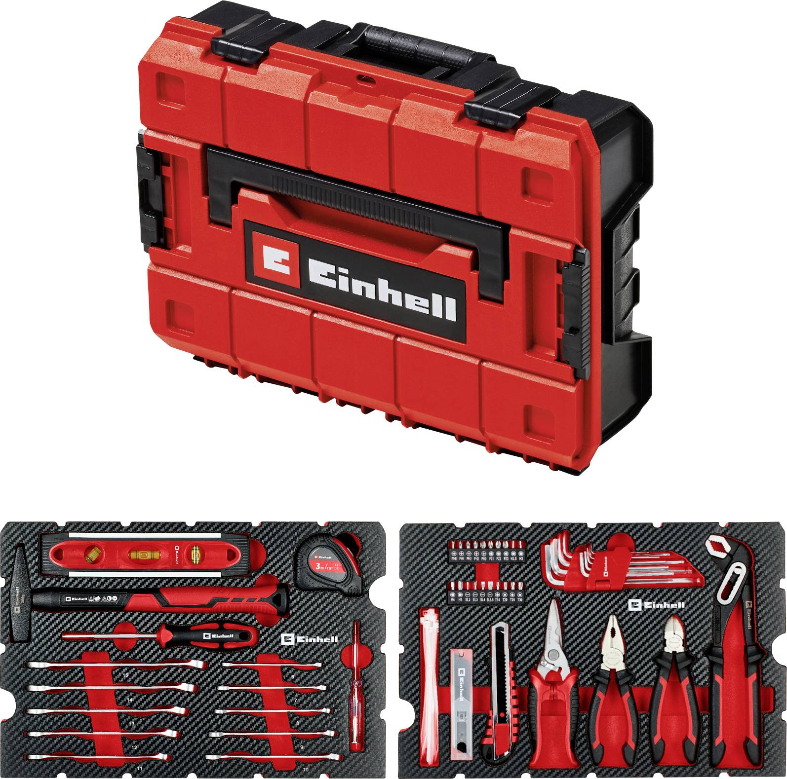 Red and black tool kit case labeled 'Einhell', containing a variety of tools including screwdrivers, pliers, and a level, neatly organized.