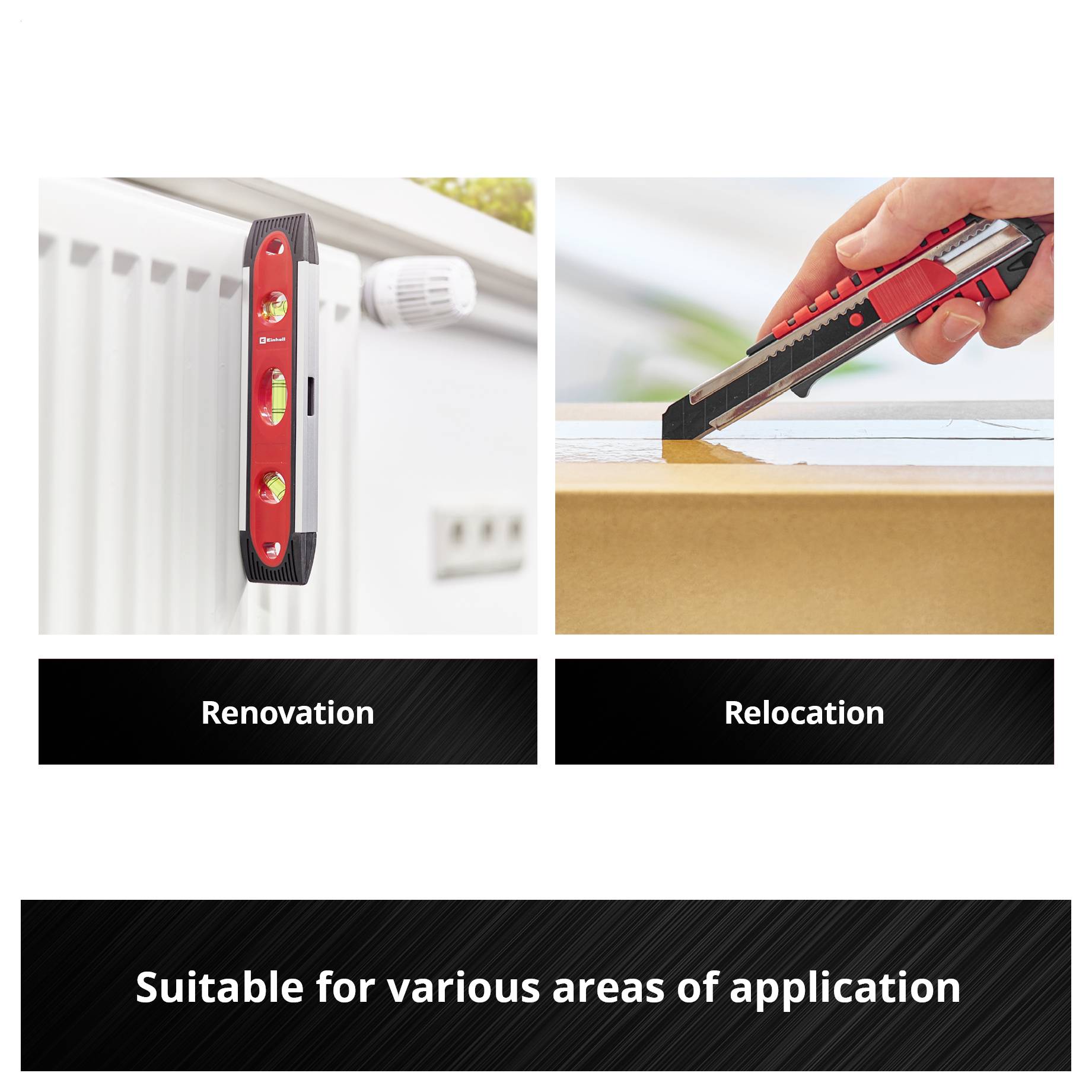 Two images: on the left a spirit level on a radiator, on the right a utility knife cutting cardboard. Text: 'Suitable for various applications'.