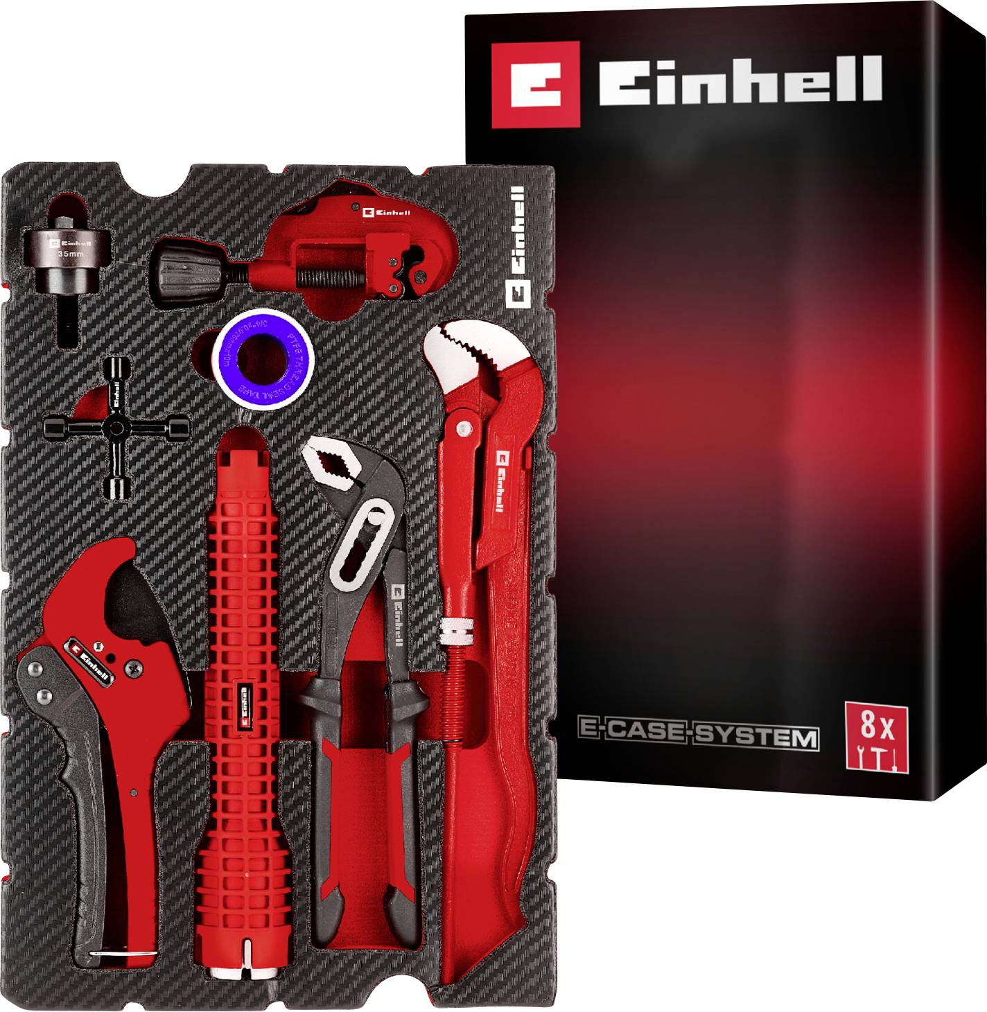 'Einhell' tool set includes wrenches, pliers, and other tools in a black and red case. Box indicates 'E-Case System' with 8 pieces.