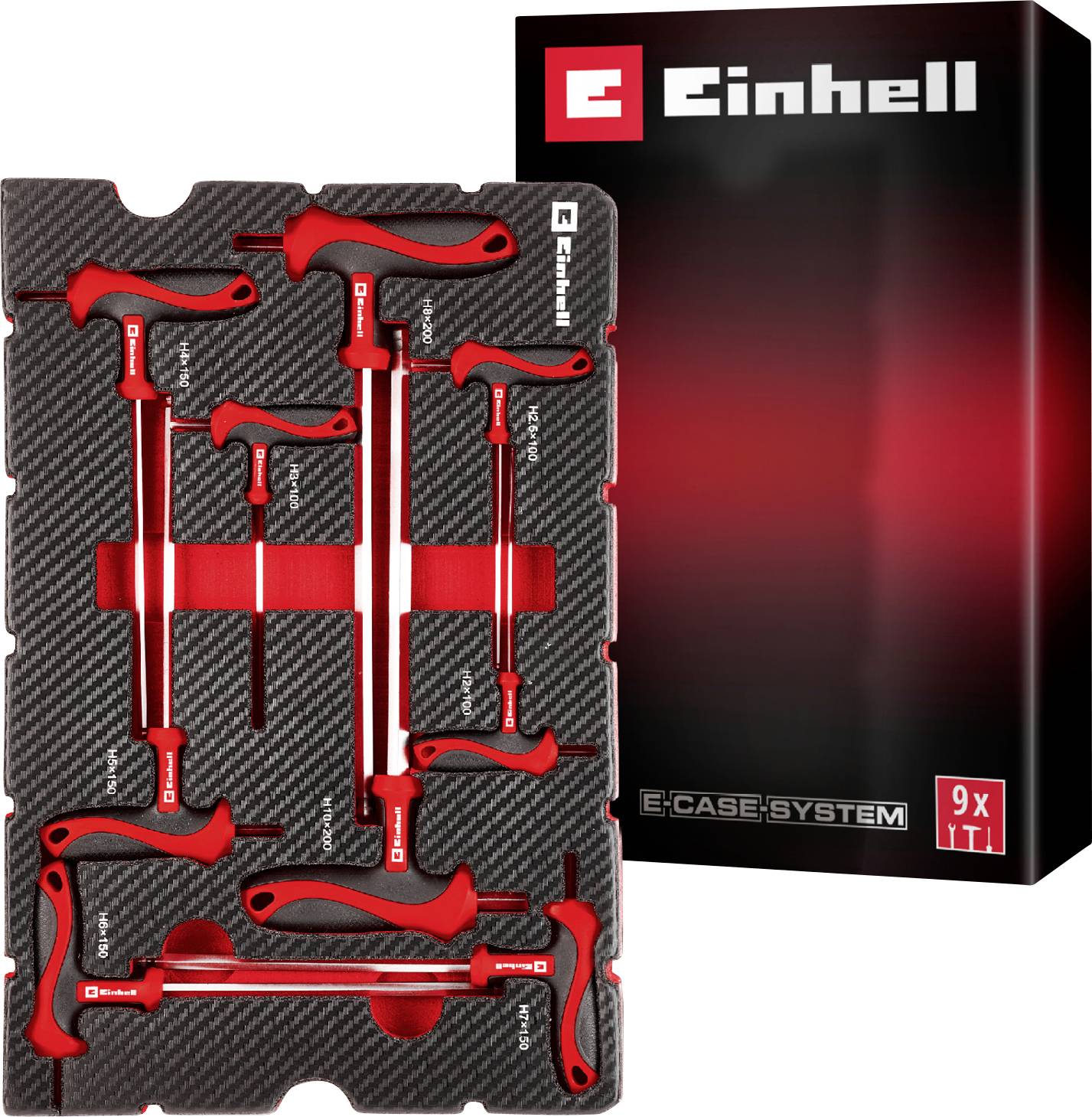 A set of nine red-handled T-handle hex keys organized in a fitted black case with the brand logo on the lid.