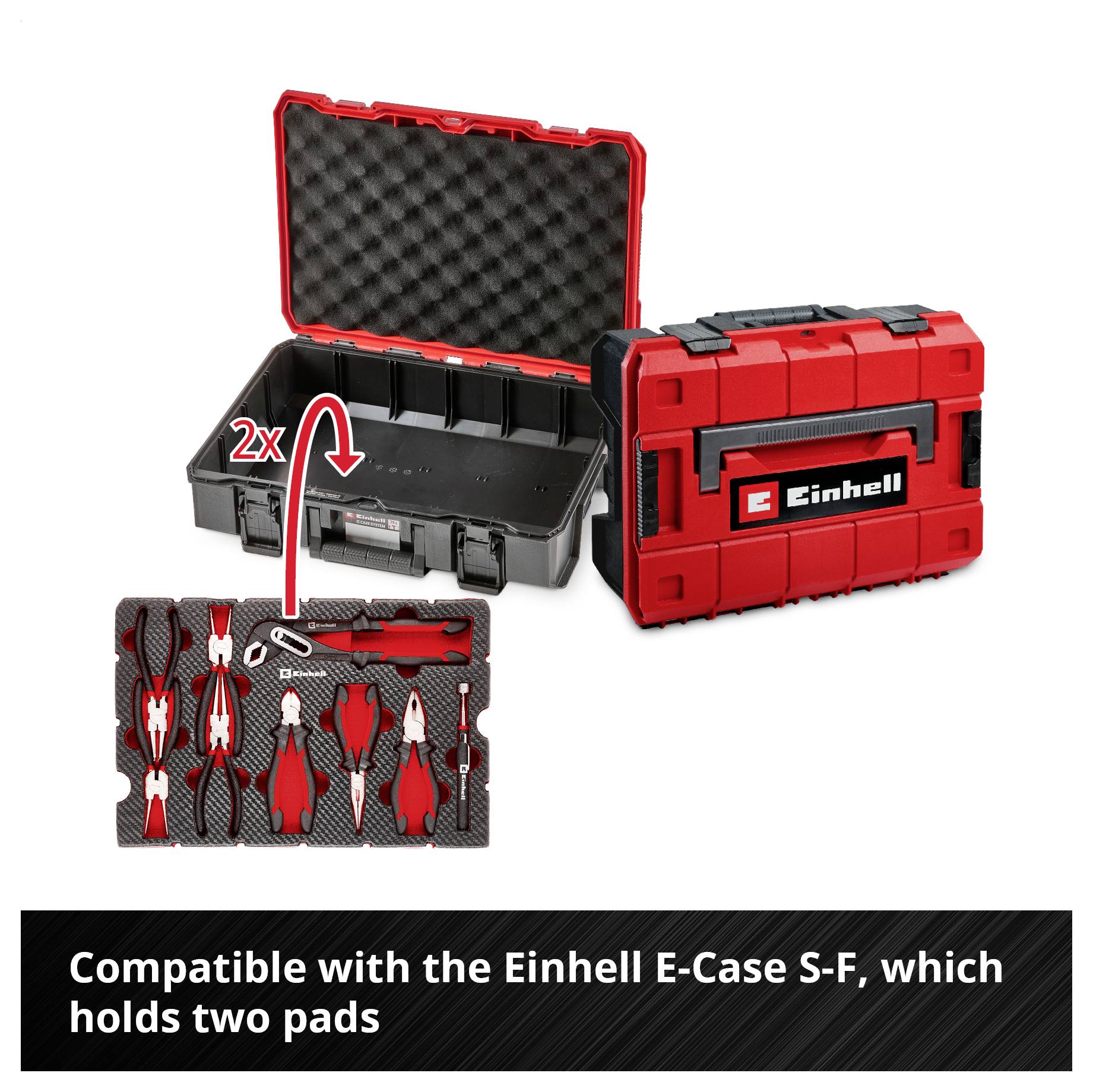 Eine geöffnete und geschlossene Werkzeugkiste von Einhell E-Case S-F. Darunter Werkzeugeinsätze. Text: 'Kompatibel mit Einhell E-Case S-F'.