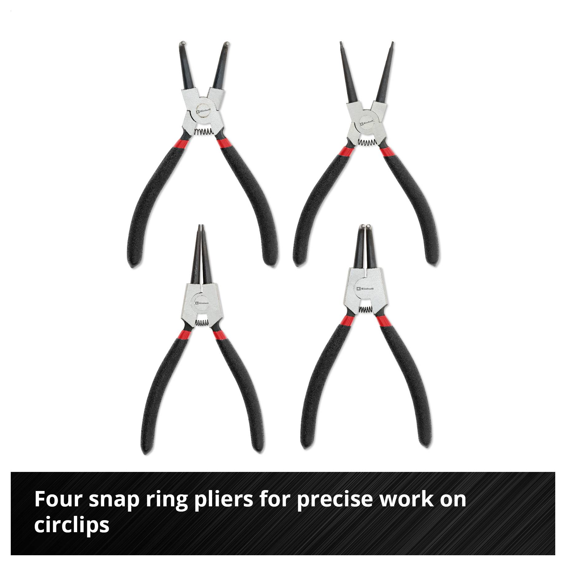 Vier Sprengringzangen mit schwarzen Griffen, geeignet für präzises Arbeiten an Sicherungsringen.