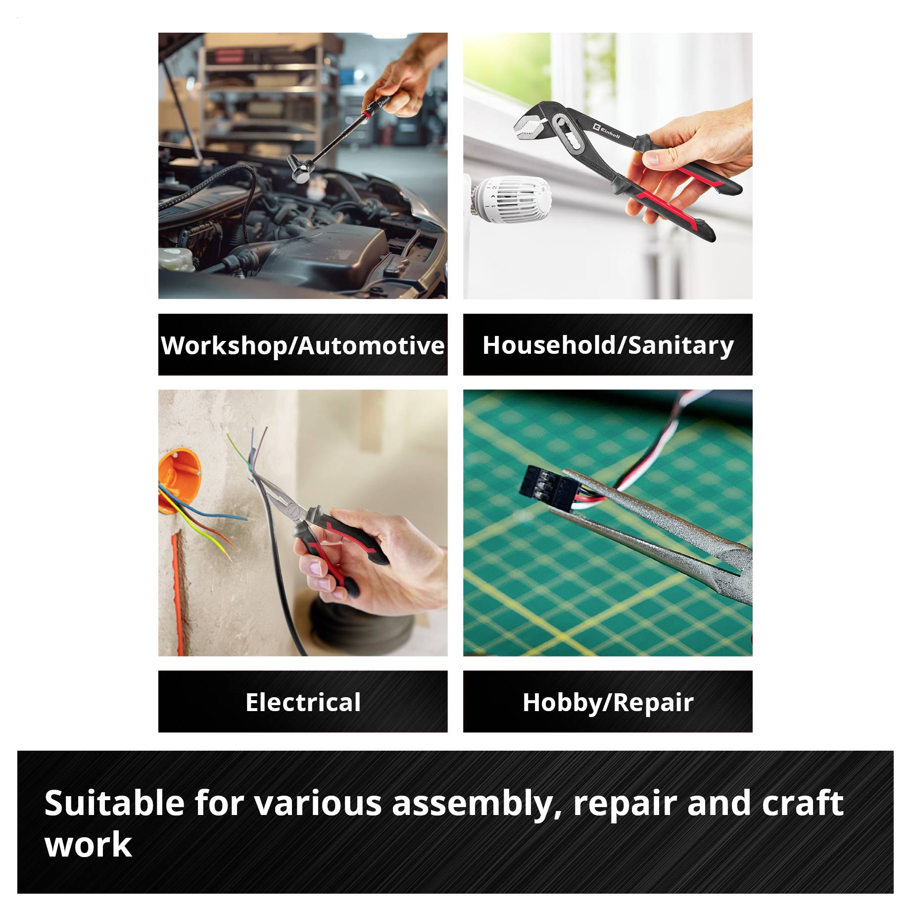 Vier Bilder zeigen Werkzeuge im Einsatz bei verschiedenen Tätigkeiten: KFZ-Reparatur, Sanitärarbeiten, Elektroarbeiten, Reparaturen.