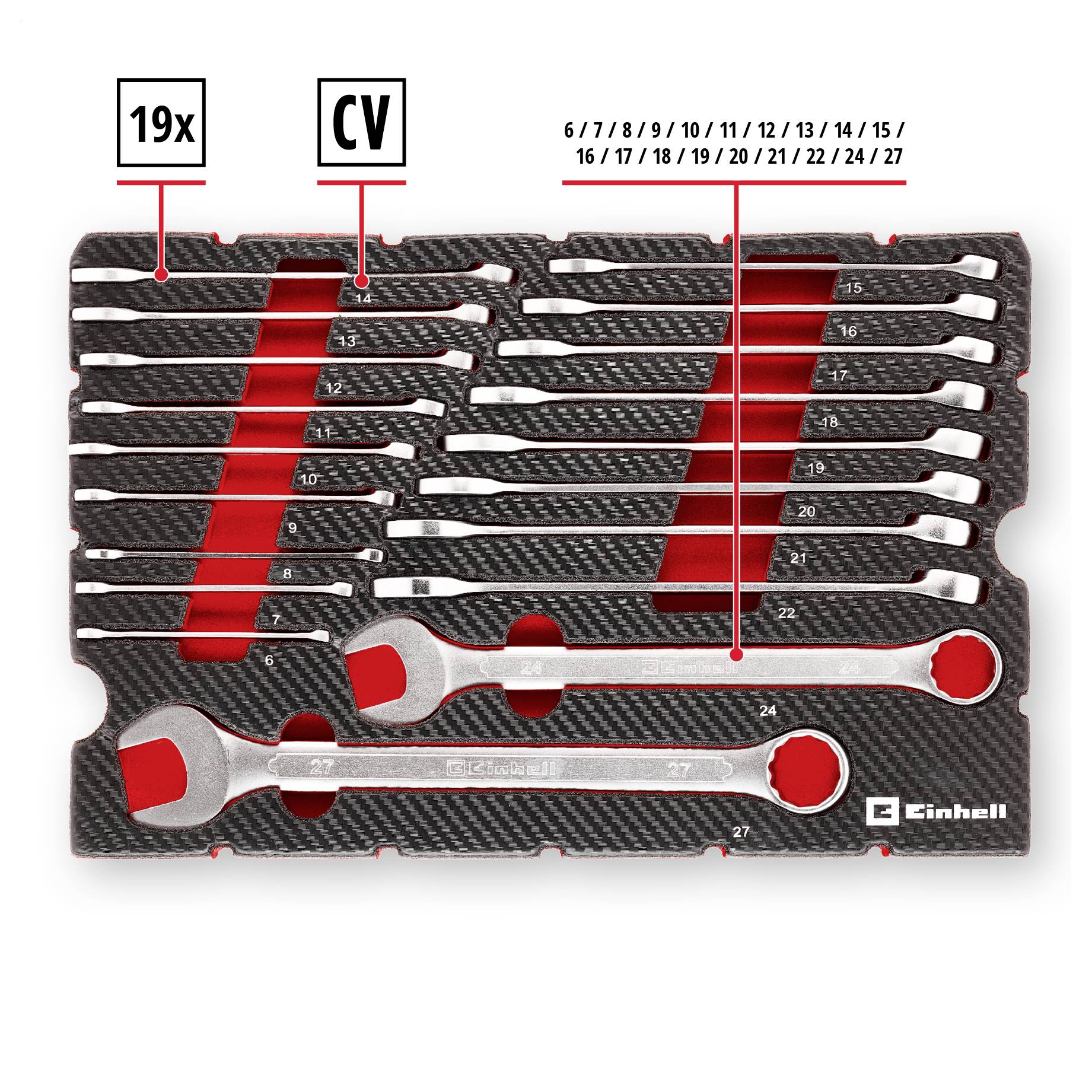 Sixteen-piece wrench set labeled with sizes 6-24, arranged in a red and black tray. Brand name visible in the bottom right corner.