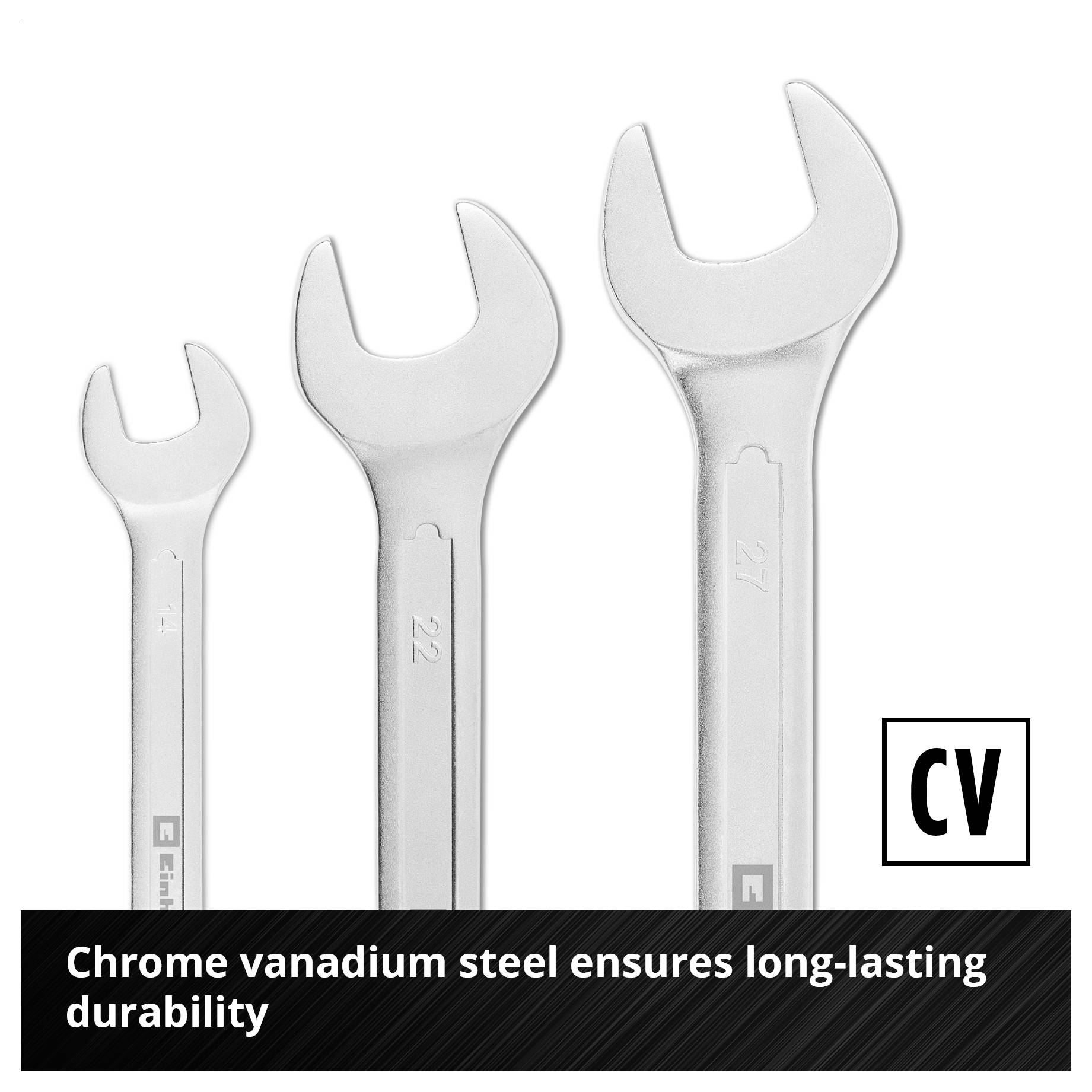 Drei Schraubenschlüssel aus Chrom-Vanadium-Stahl unterschiedlicher Größe. Text: Chrom-Vanadium-Stahl sorgt für langlebige Belastbarkeit.