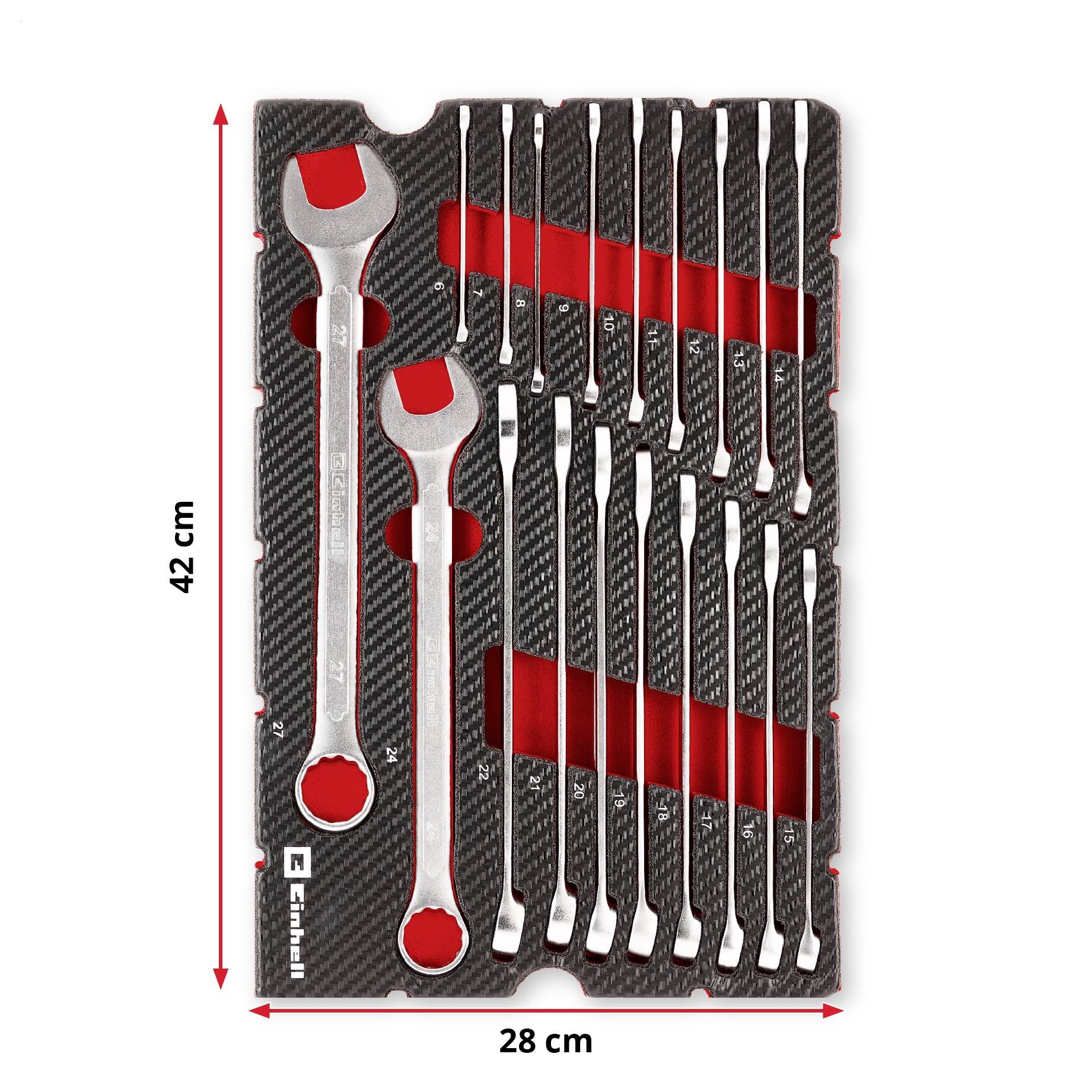 Set of silver wrenches in various sizes, organized in a black tray with red accents. Tray dimensions are 28 cm by 42 cm.