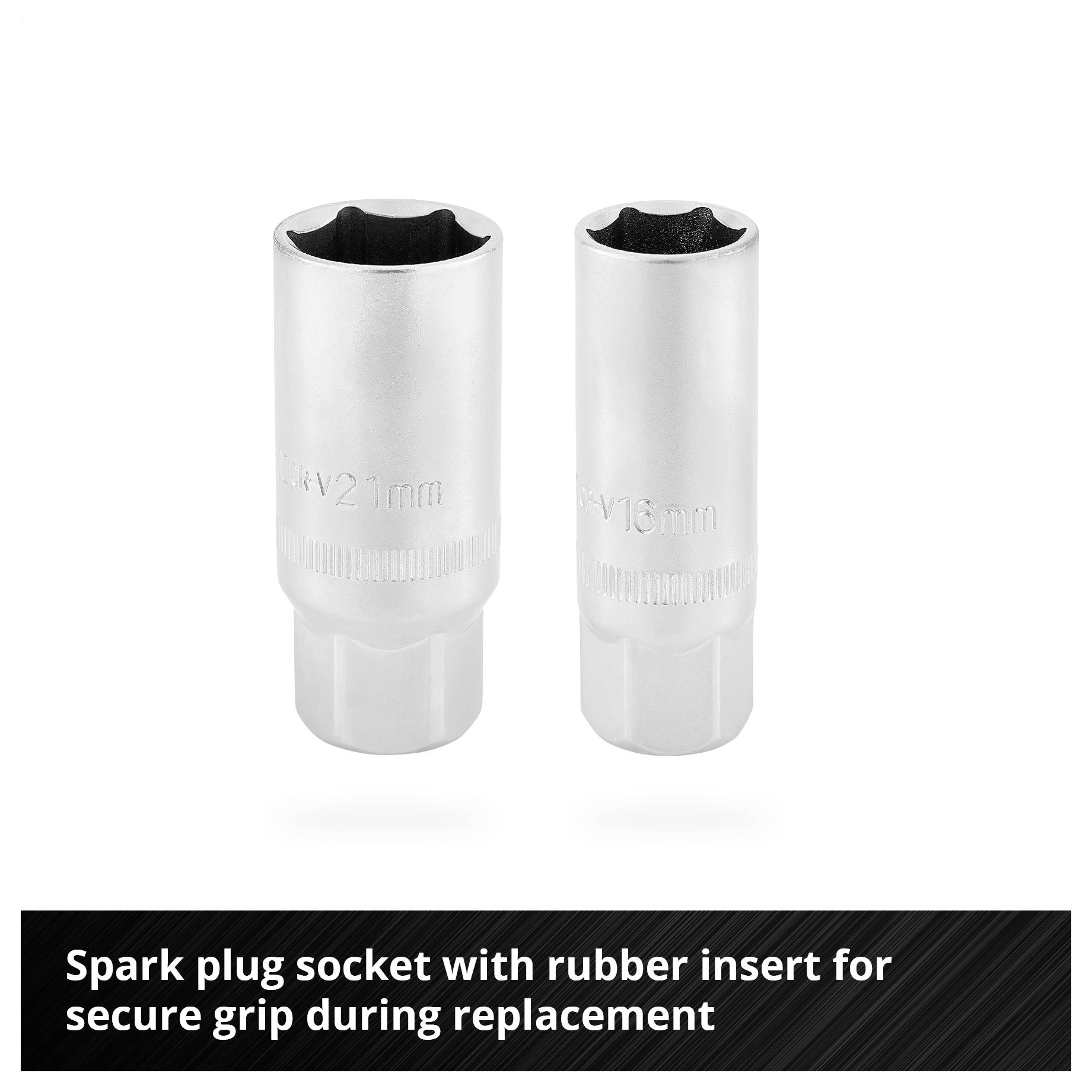 Zwei silberne Zündkerzeneinsätze mit Gummieinsatz für sicheren Halt beim Kerzenwechsel. Text unten: 'Zündkerzeneinsatz mit Gummieinsatz für sicheren Halt beim Kerzenwechsel'.