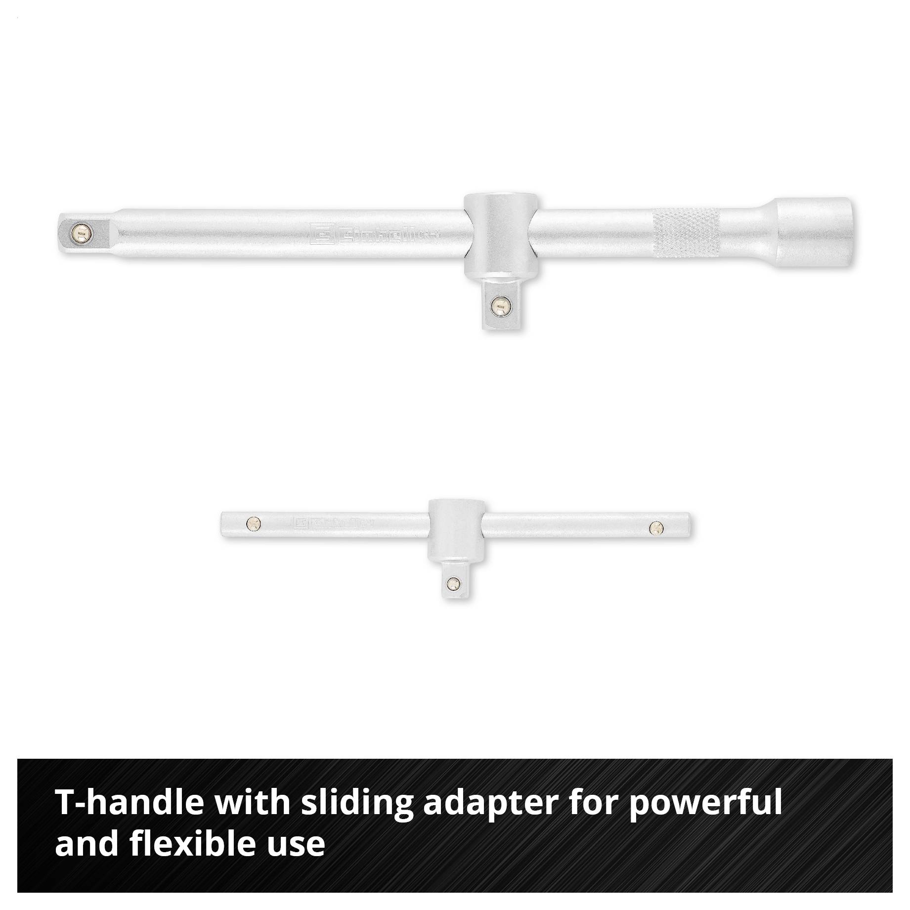 'T-Griff mit verschiebbarem Gleitstück für kraftvolle und flexible Anwendungen.' Ein Werkzeug in T-Form aus Metall wird gezeigt.