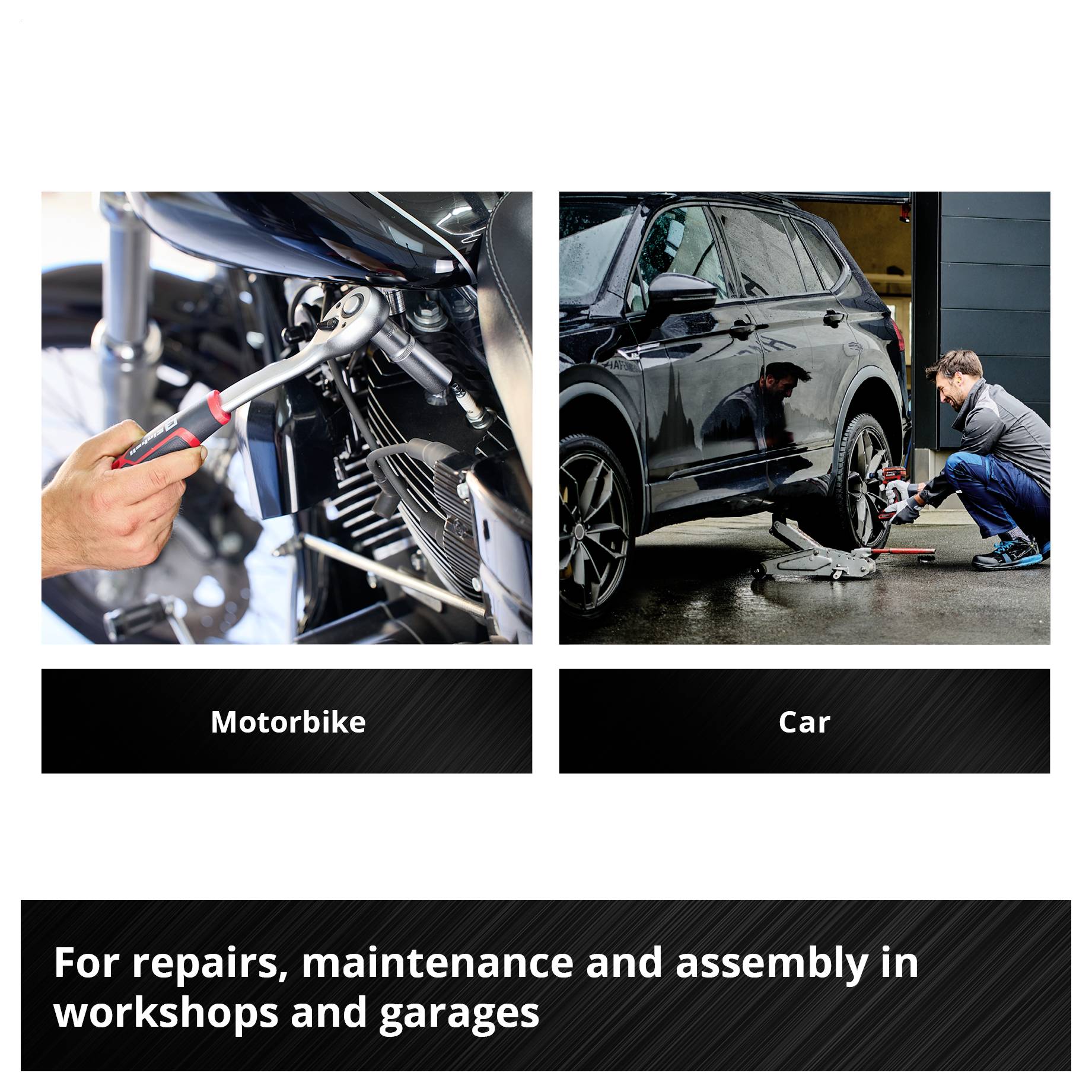 'Motorrad' zeigt mechanische Arbeit an Motorrad. 'Auto' zeigt Reifenwechsel in Werkstatt. Für Reparaturen, Wartungen und Montagen.