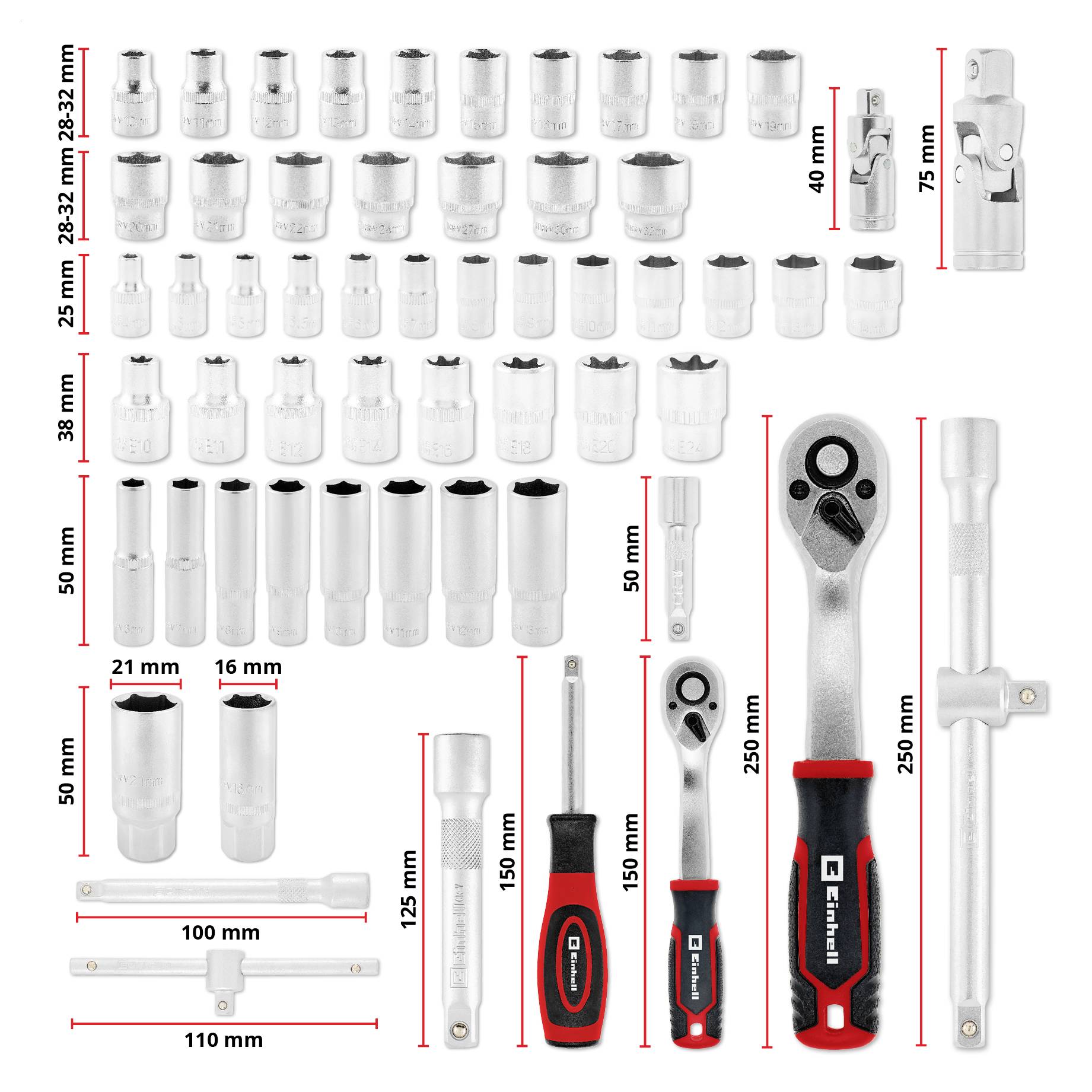 Image of a socket set with various sizes, including ratchets, extensions, and sockets labeled by millimeters for measurements.